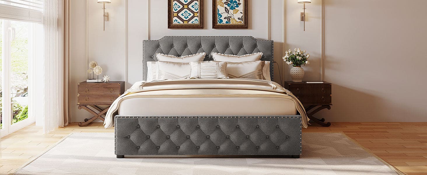 Queen Size Upholstered Platform Bed with 2 Drawers and 2 sets of USB Ports on each side, Linen Fabric, Gray