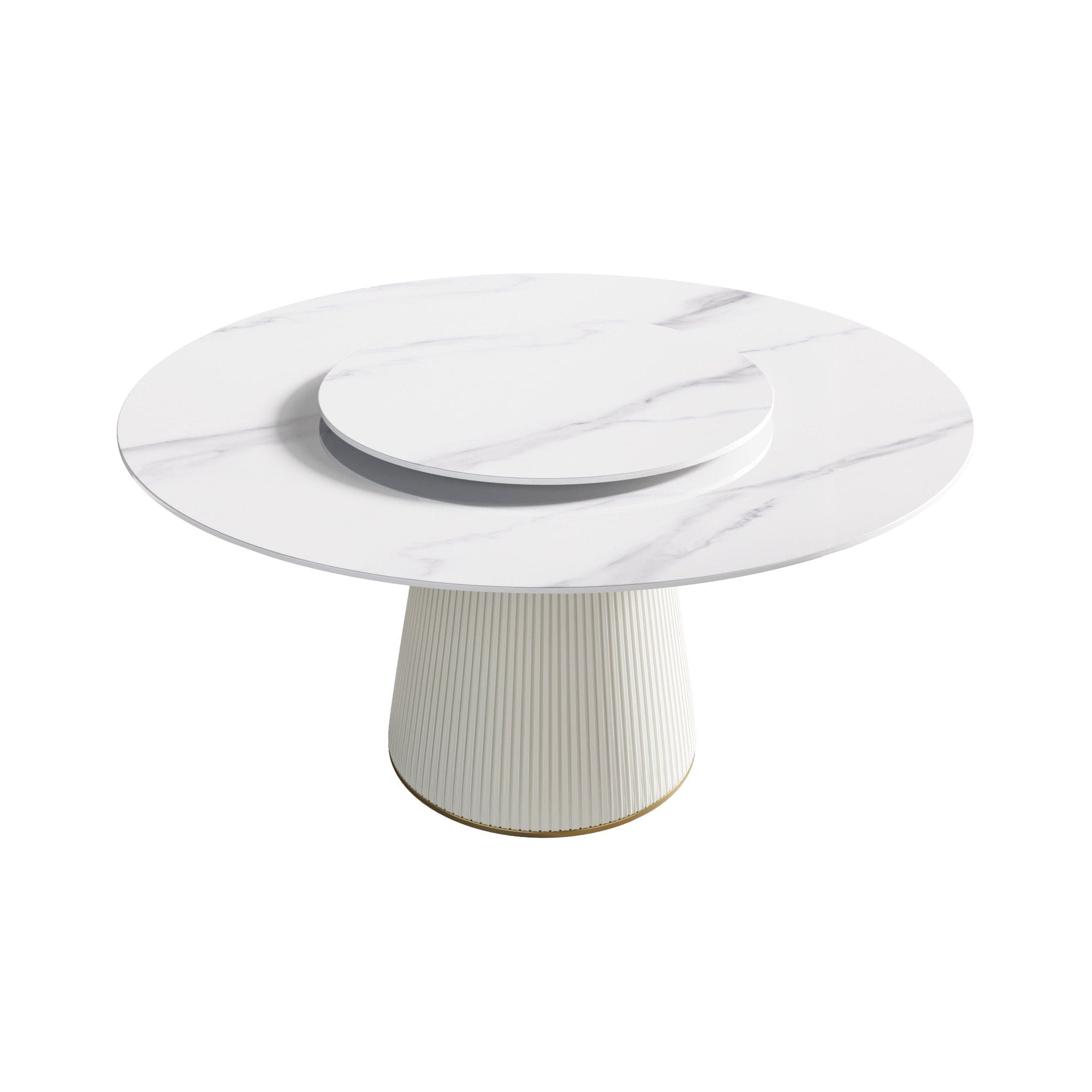 59.05 "Modern white artificial stone round beige plywood PU base dining table-can accommodate 8 people-31.5"white artificial stone turntable (Not including chairs. )