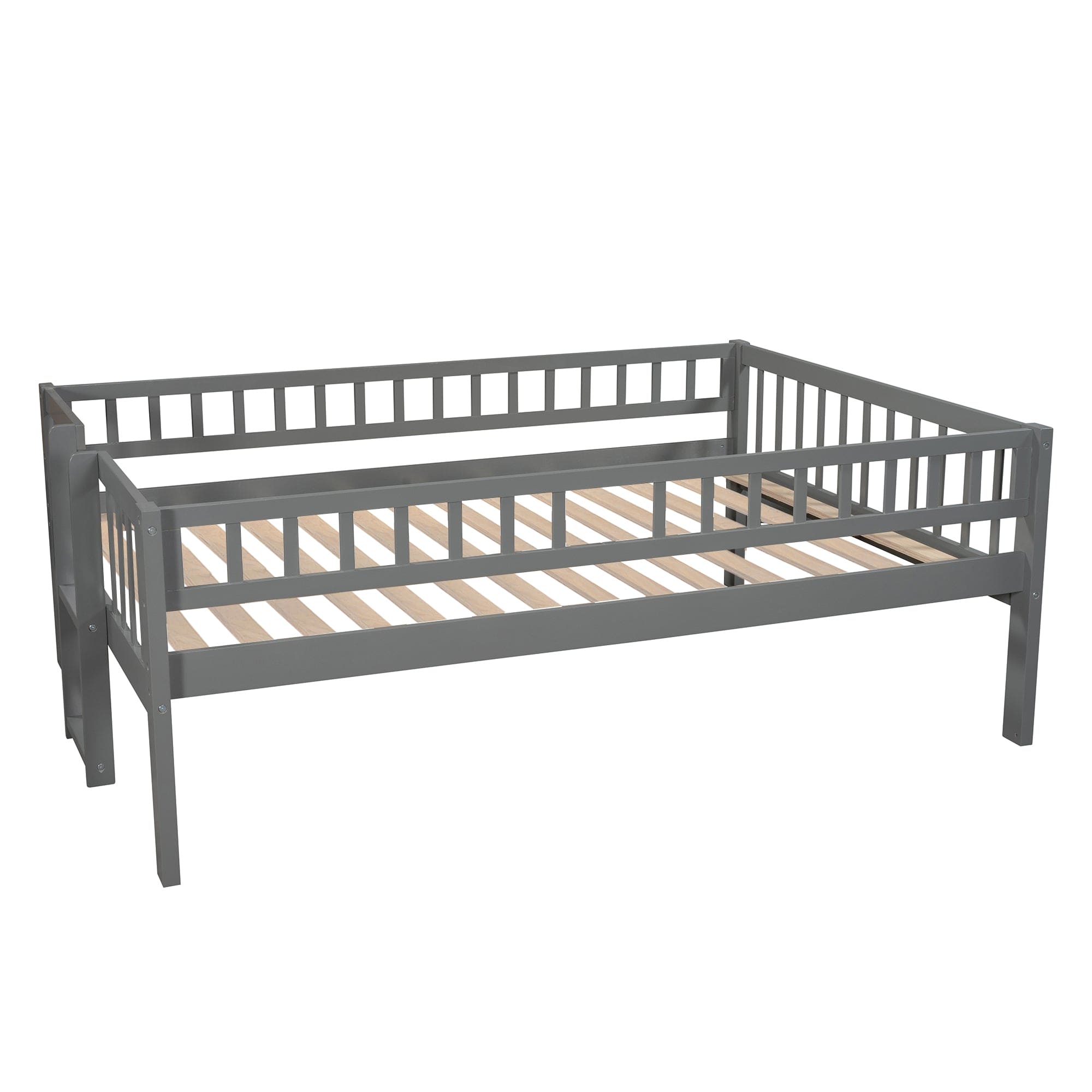 Full-Over-Full-Over-Full Triple Bed with Built-in Ladder and Slide , Triple Bunk Bed with Guardrails, Gray(OLD SKU :LP000052AAE)