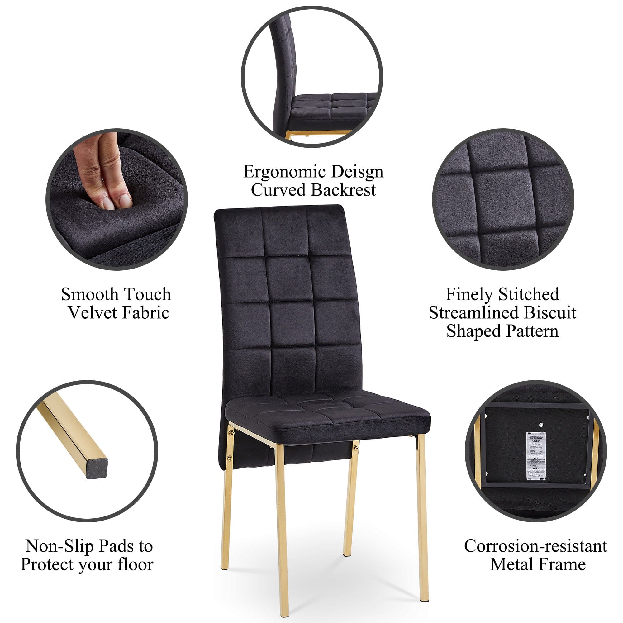 Black Velvet High Back Nordic Dining Chair Modern Fabric Chair with Golden Color Legs, Set Of 4