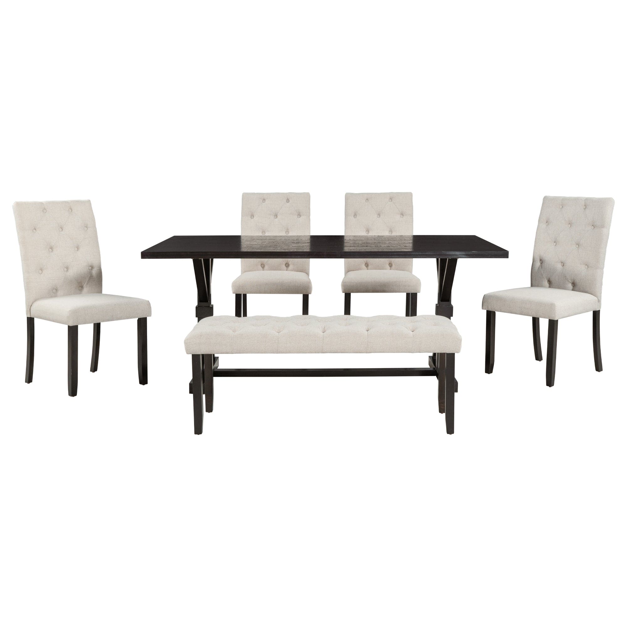 TREXM 6-Piece Farmhouse Dining Table Set 72" Wood Rectangular Table, 4 Upholstered Chairs with Bench (Espresso)