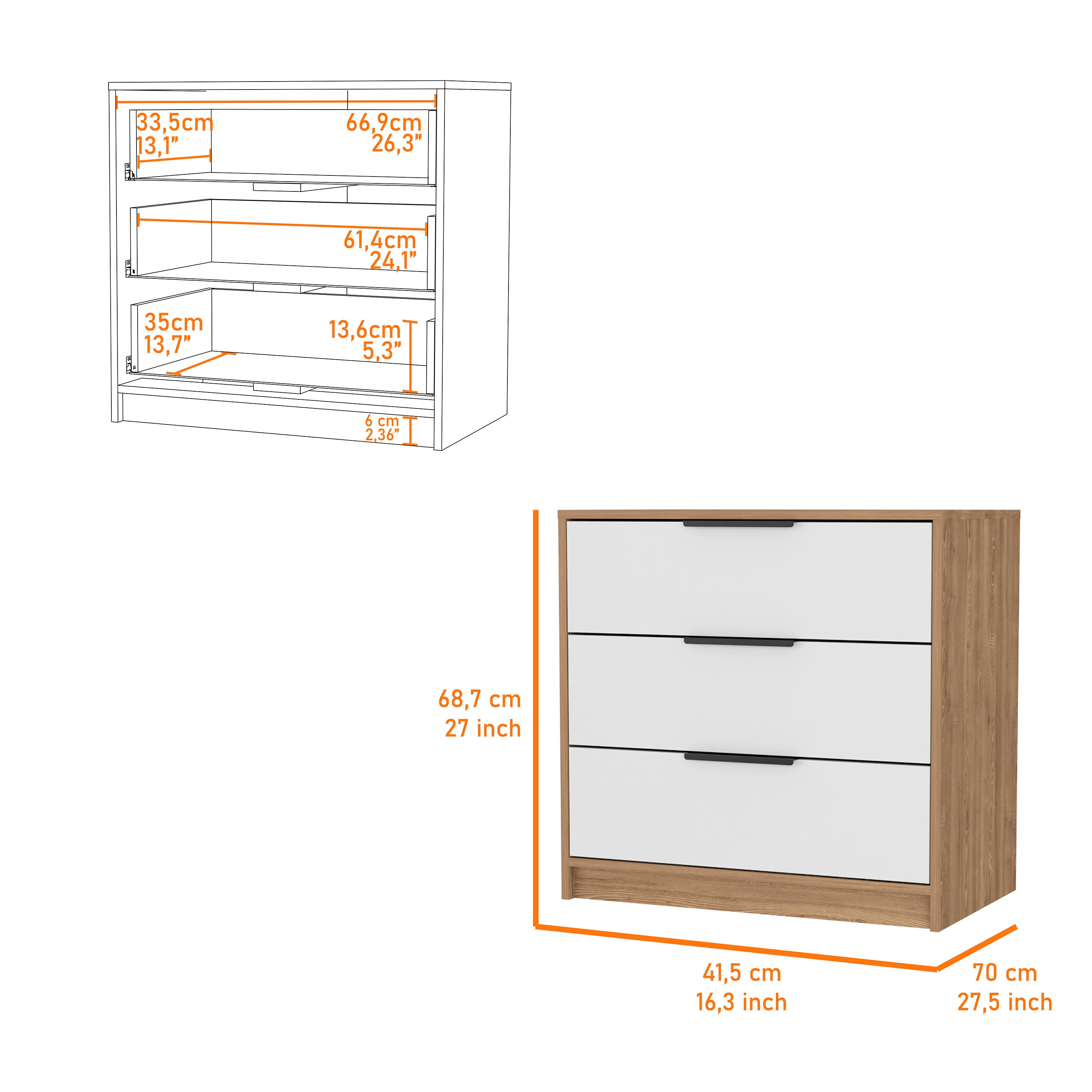 3 Drawers Dresser Maryland, Superior Top, White / Pine Finish