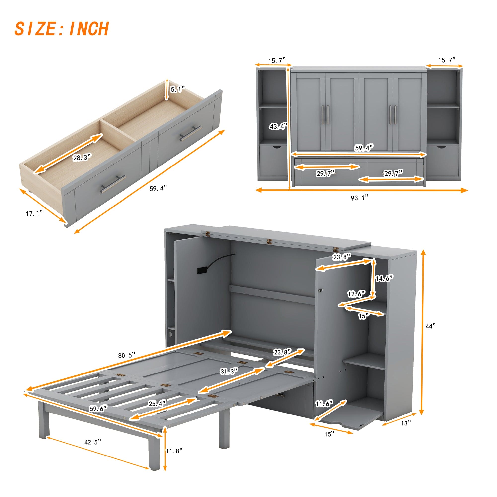 Queen Size Murphy Bed with Shelves, Drawers and USB Ports,Gray