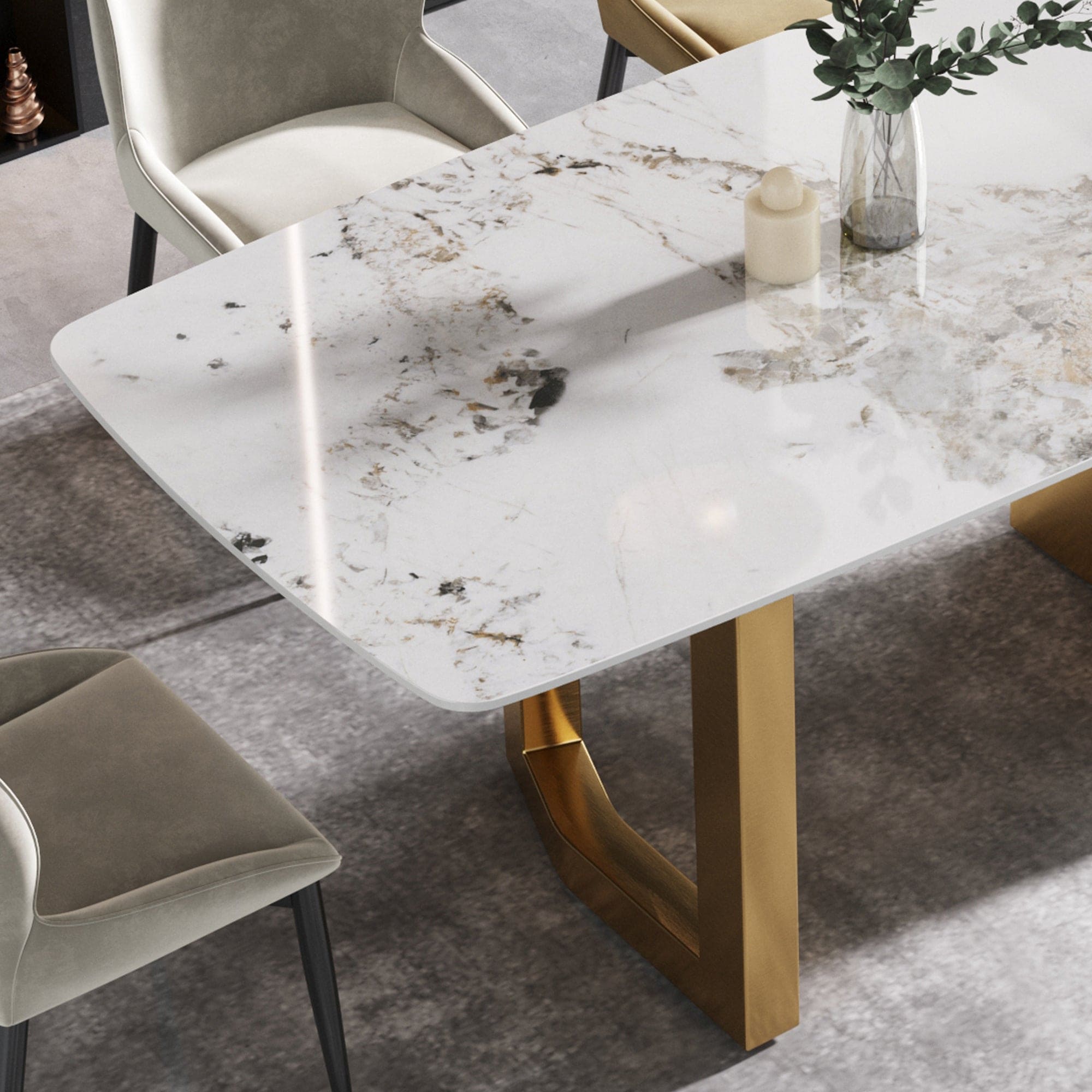 63"Modern artificial stone pandora white curved golden metal leg dining table -6 people