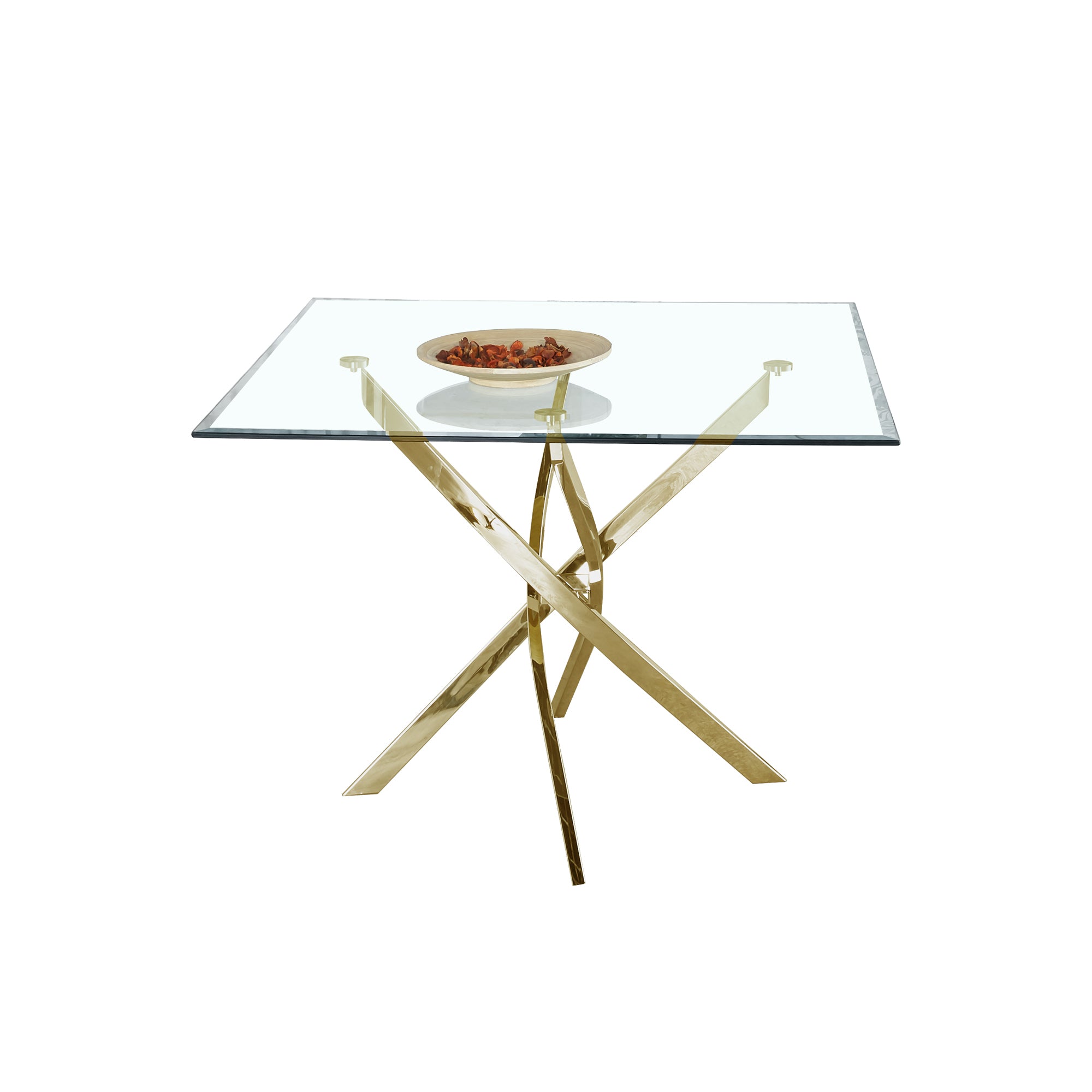 Contemporary Square Clear Dining Tempered Glass Table with Gold Finish Stainless Steel Legs