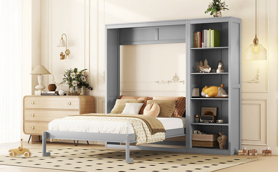 Queen Size Murphy Bed Wall Bed with Shelves,Gray