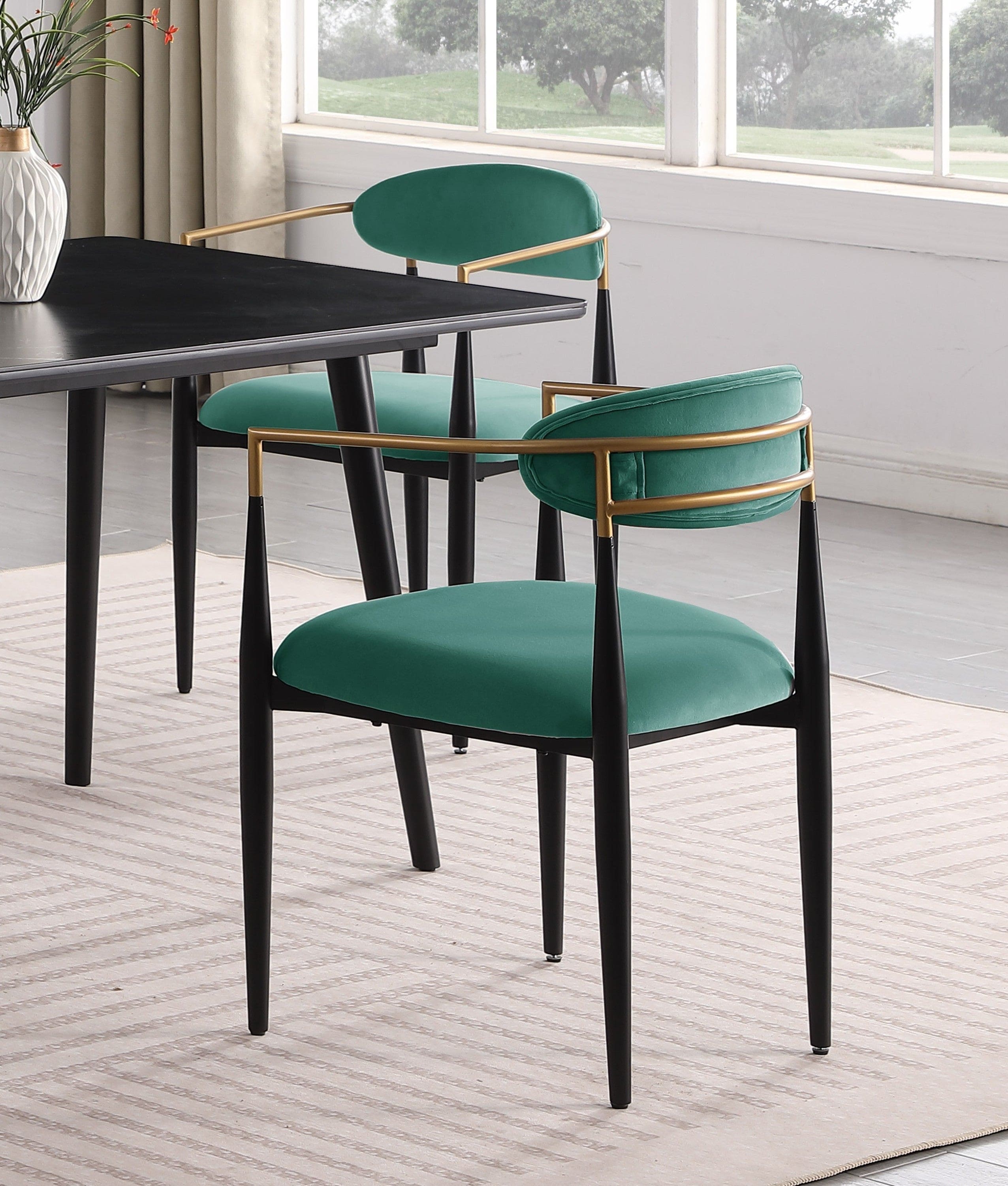 Modern Contemporary 5pc Dining Set Black Sintered Stone Table and Green Chairs Fabric Upholstered Stylish Furniture