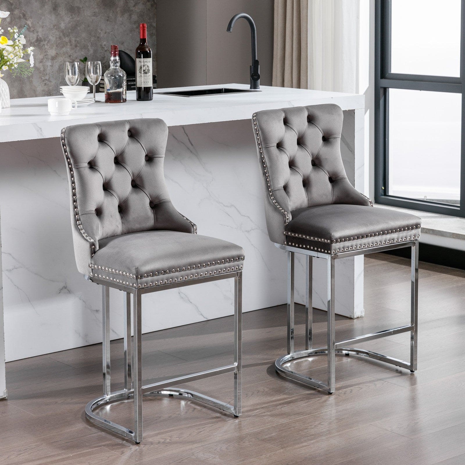 26" Counter Height Bar Stools Set of 2, Modern Velvet Barstools with Button Back&Rivet Trim Upholstered Kitchen Island Chairs with Sturdy Chromed Metal Base Legs Farmhouse Bar Stools, (Gray,2 Pack)