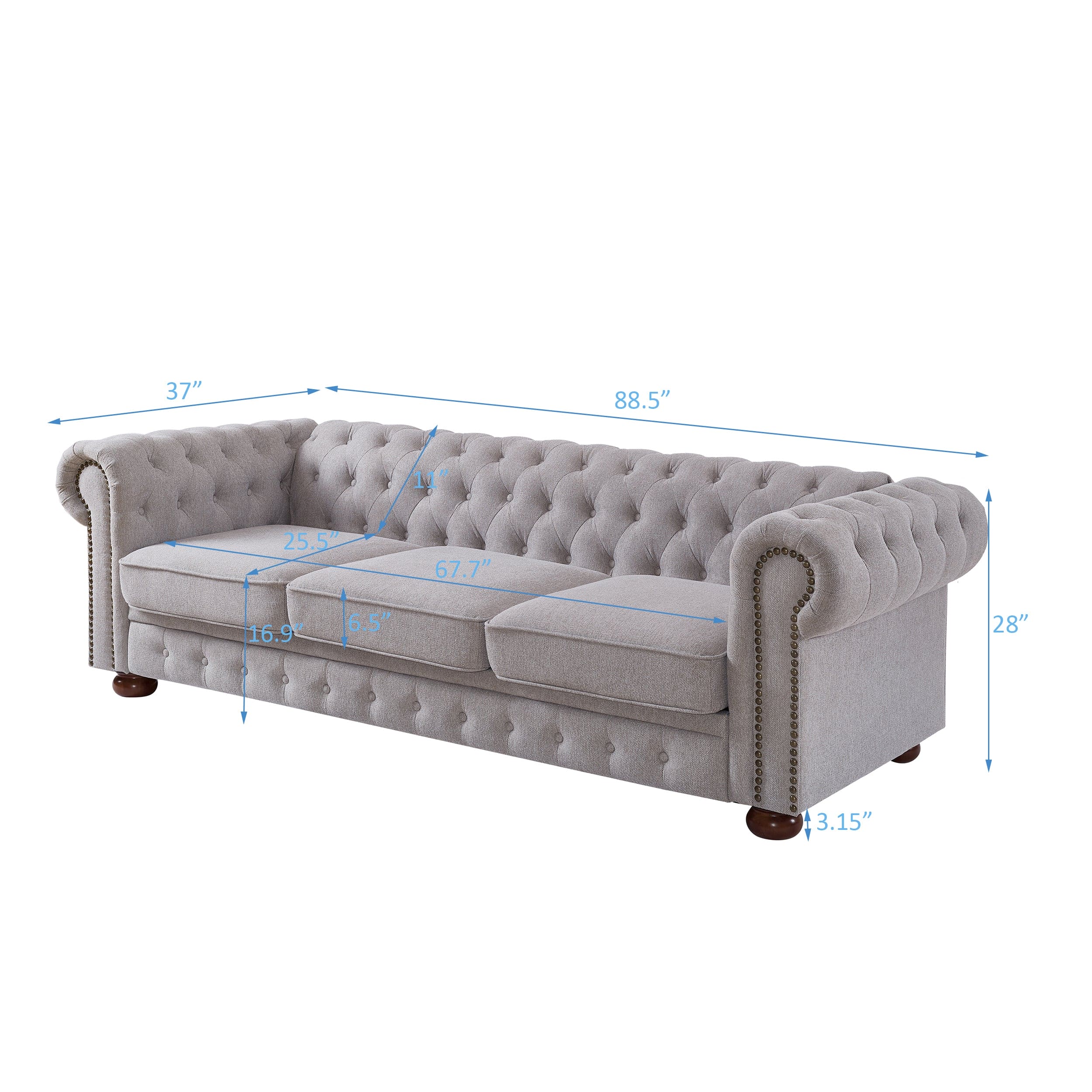 Chesterfield sofa in linen fabric (Light Grey)