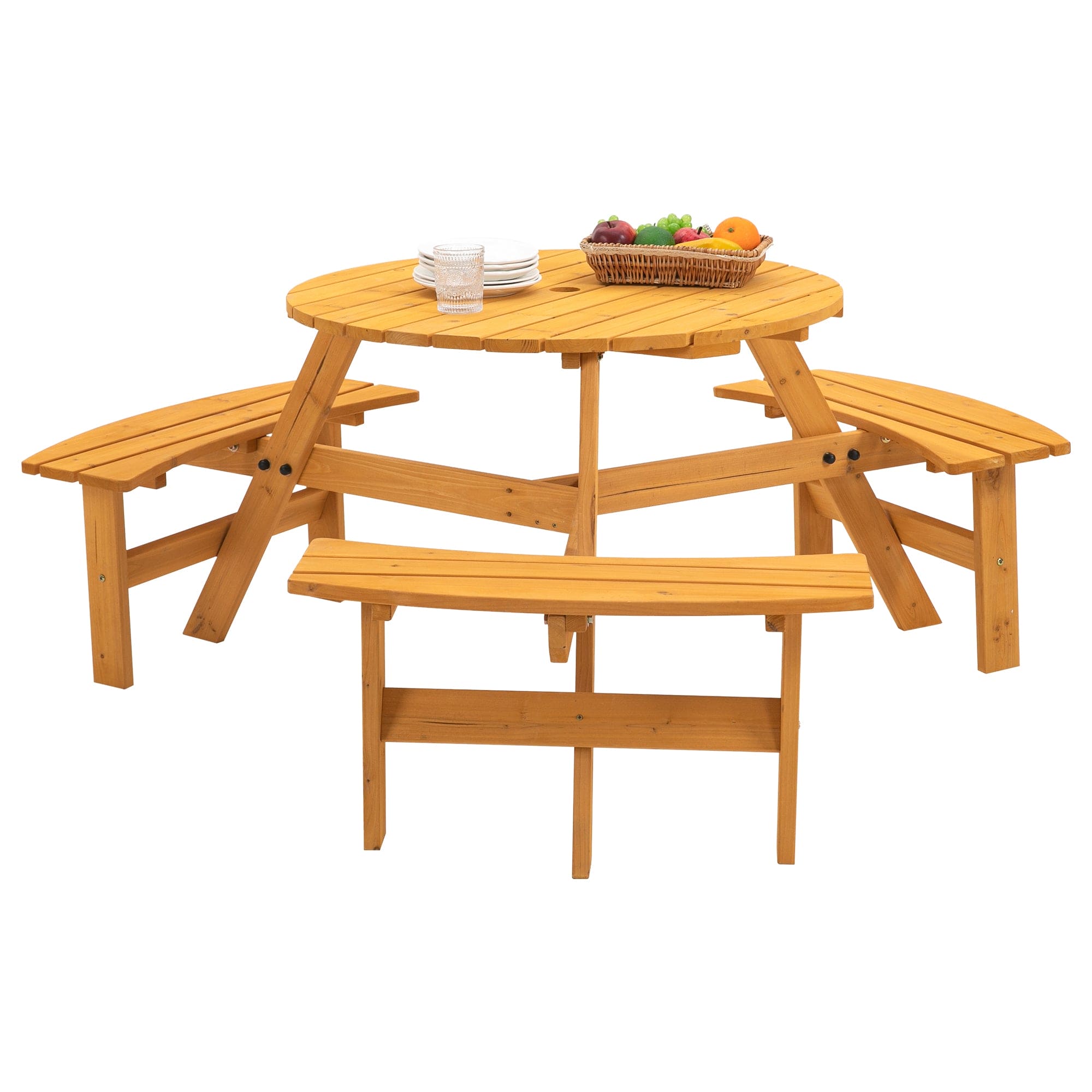 6-Person Circular Outdoor Wooden Picnic Table for Patio, Backyard, Garden, DIY w/ 3 Built-in Benches, 1720lb Capacity - Natural