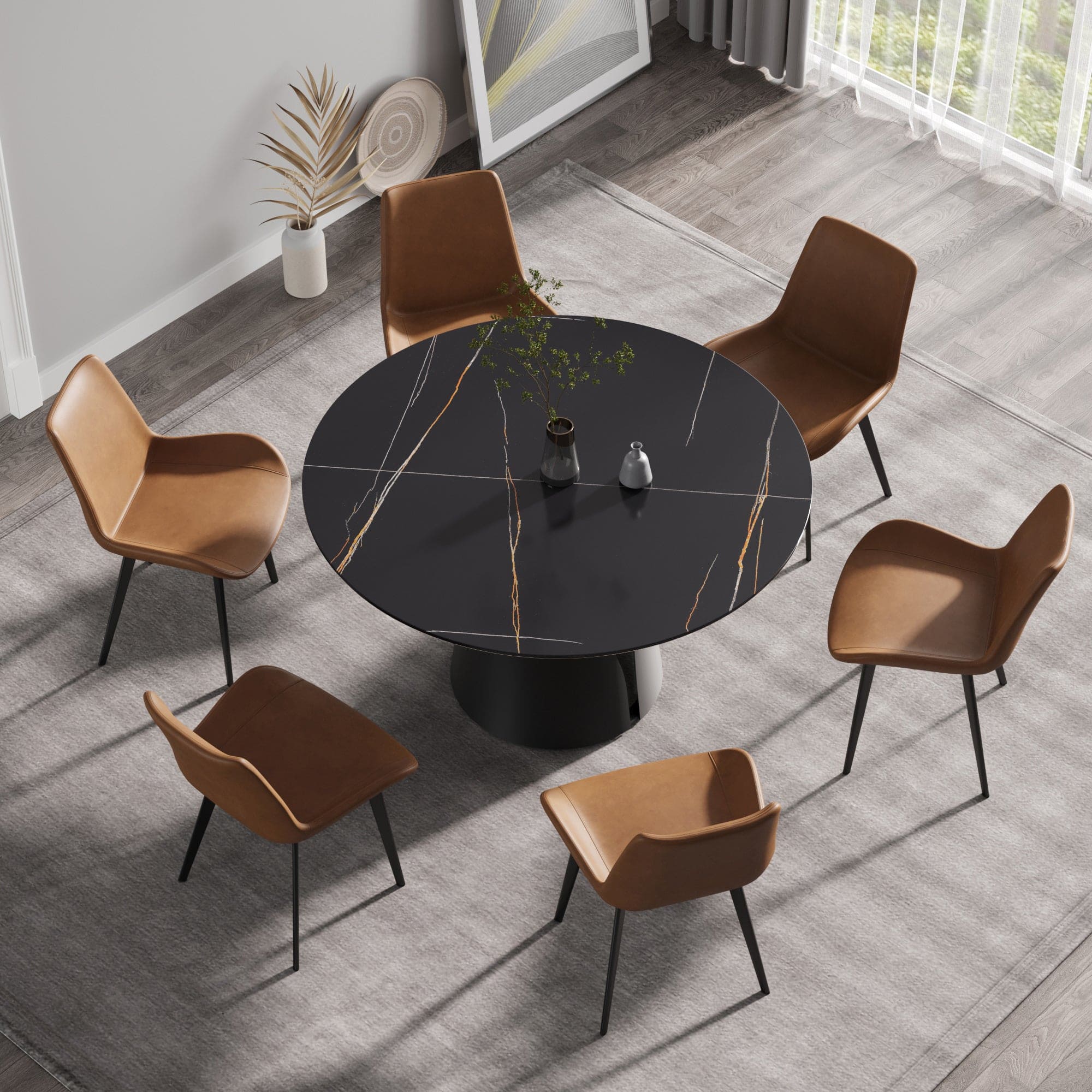 53.15"Modern artificial stone round black carbon steel base dining table-can accommodate 6 people