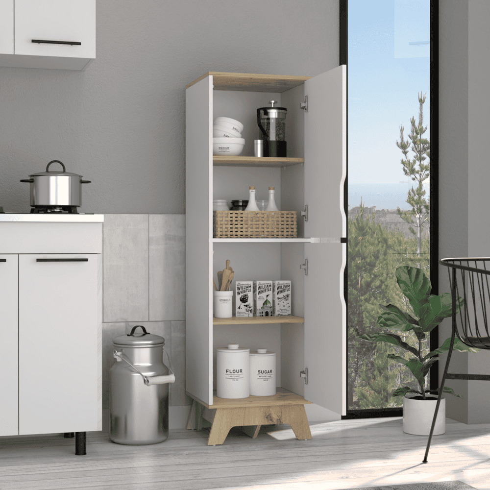 DEPOT E-SHOP Dahoon Single Kitchen Pantry Double Doors Cabinets, Four Shelves, Light oak / White