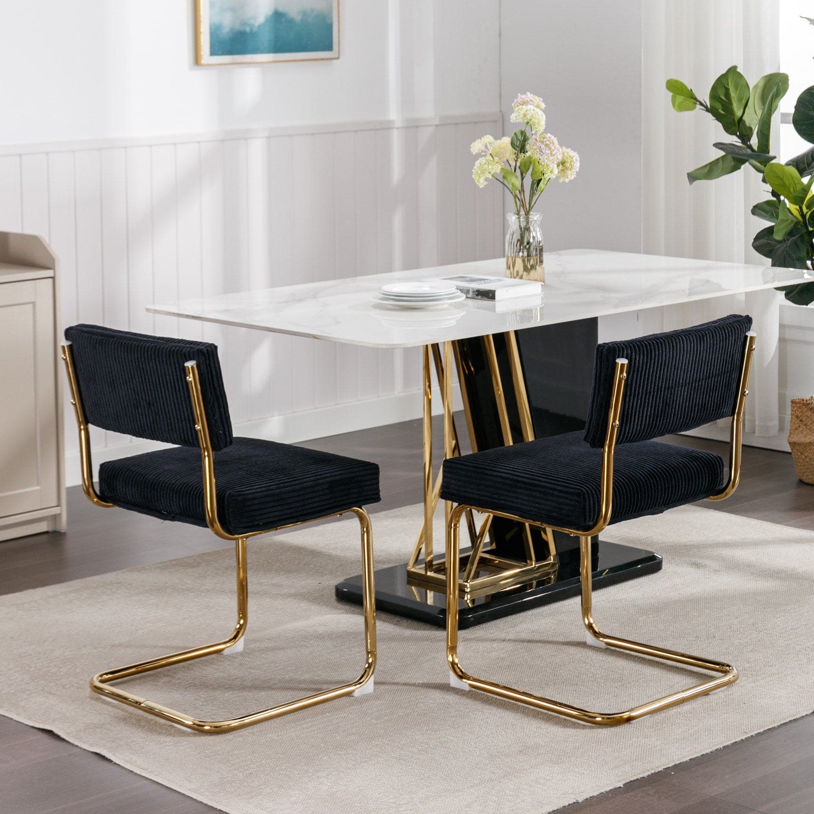 A&A Furniture,Modern Dining Chairs with Corduroy Fabric,Gold Metal Base, Accent Armless Kitchen Chairs with Channel Tufting, Side Chairs, Set of 2, Black