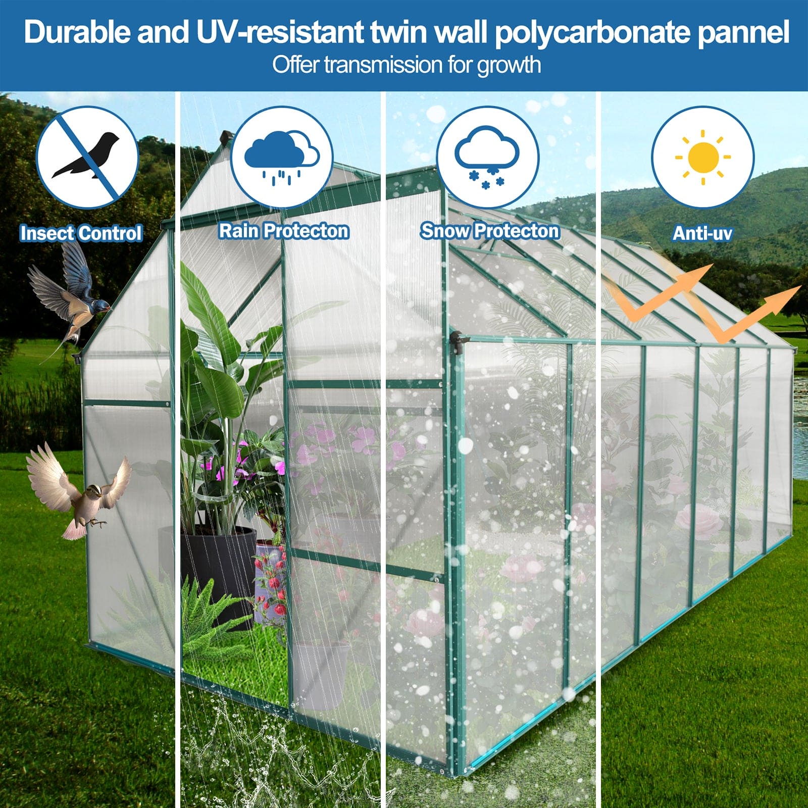 6x12 FT Polycarbonate Greenhouse Raised Base and Anchor Aluminum Heavy Duty Walk-in Greenhouses for Outdoor Backyard in All Season