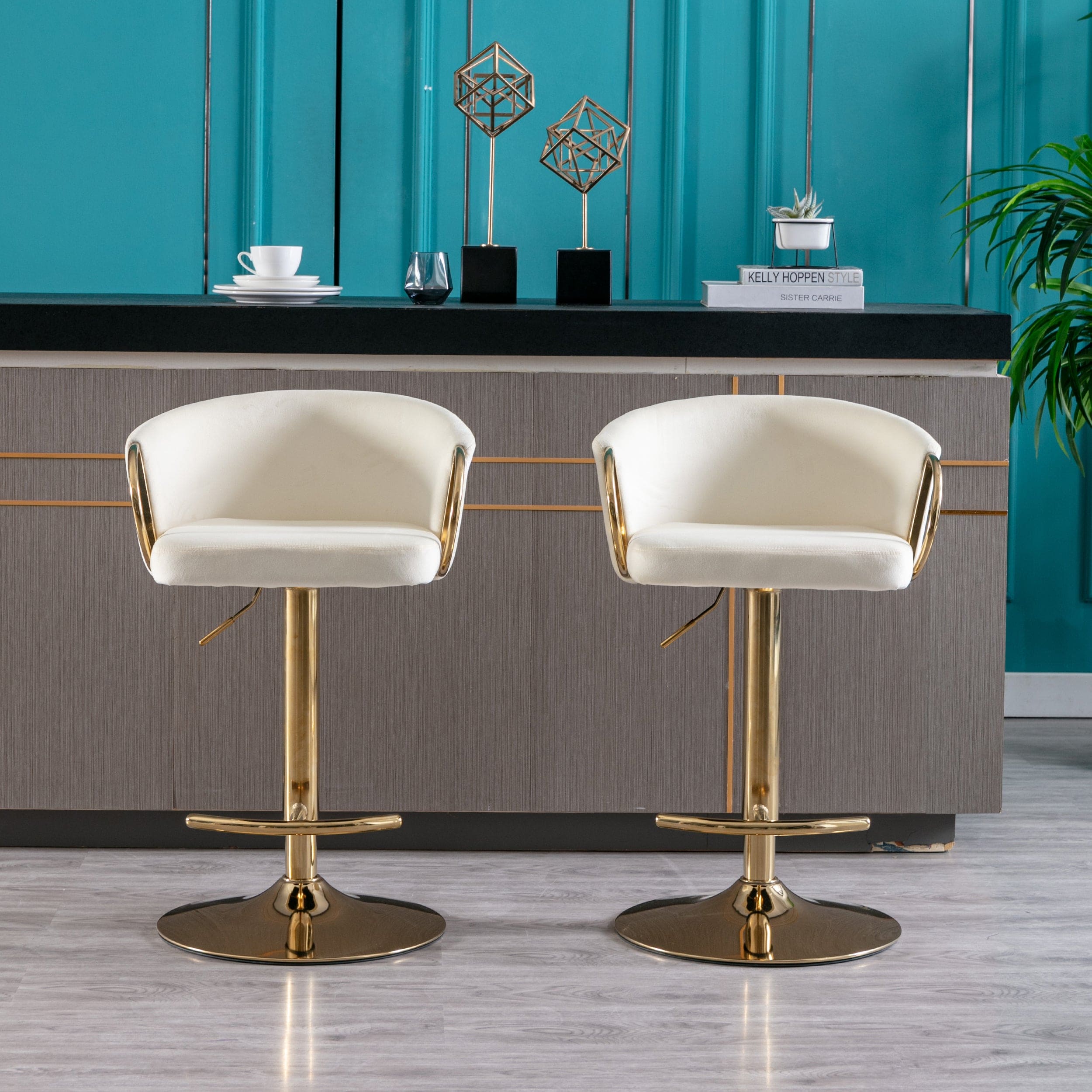 Set of 2  Bar Stools,with Chrome Footrest and Base Swivel Height Adjustable Mechanical Lifting Velvet + Golden Leg Simple Bar Stool-Ivory