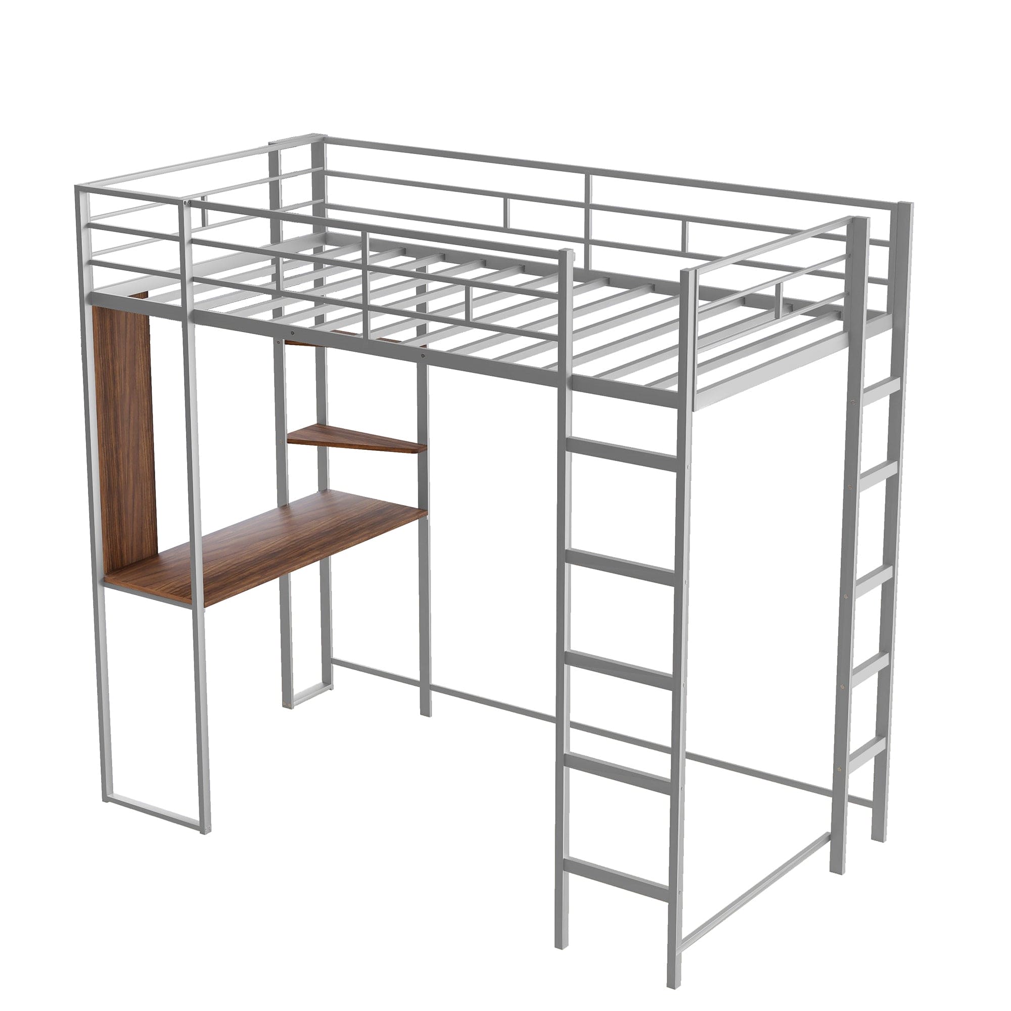 Twin Metal Loft Bed with 2 Shelves and one Desk ,Silver(Old SKU: MF281206AAN)