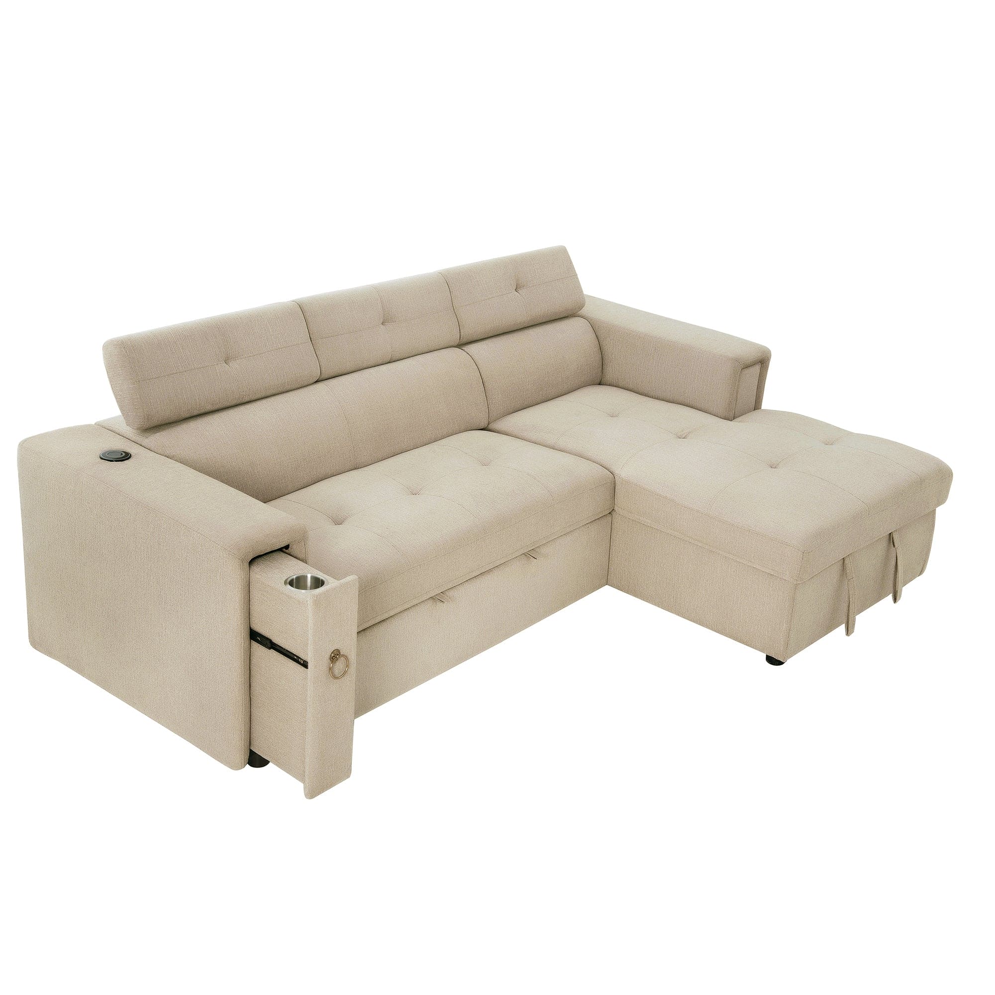 96" Multi-Functional Pull-Out Sofa Bed L-Shape Sectional Sofa with Adjustable Headrest, Wireless Charging, Cup Holders and Hidden Storage for Living Room, Bedroom, Office, Beige