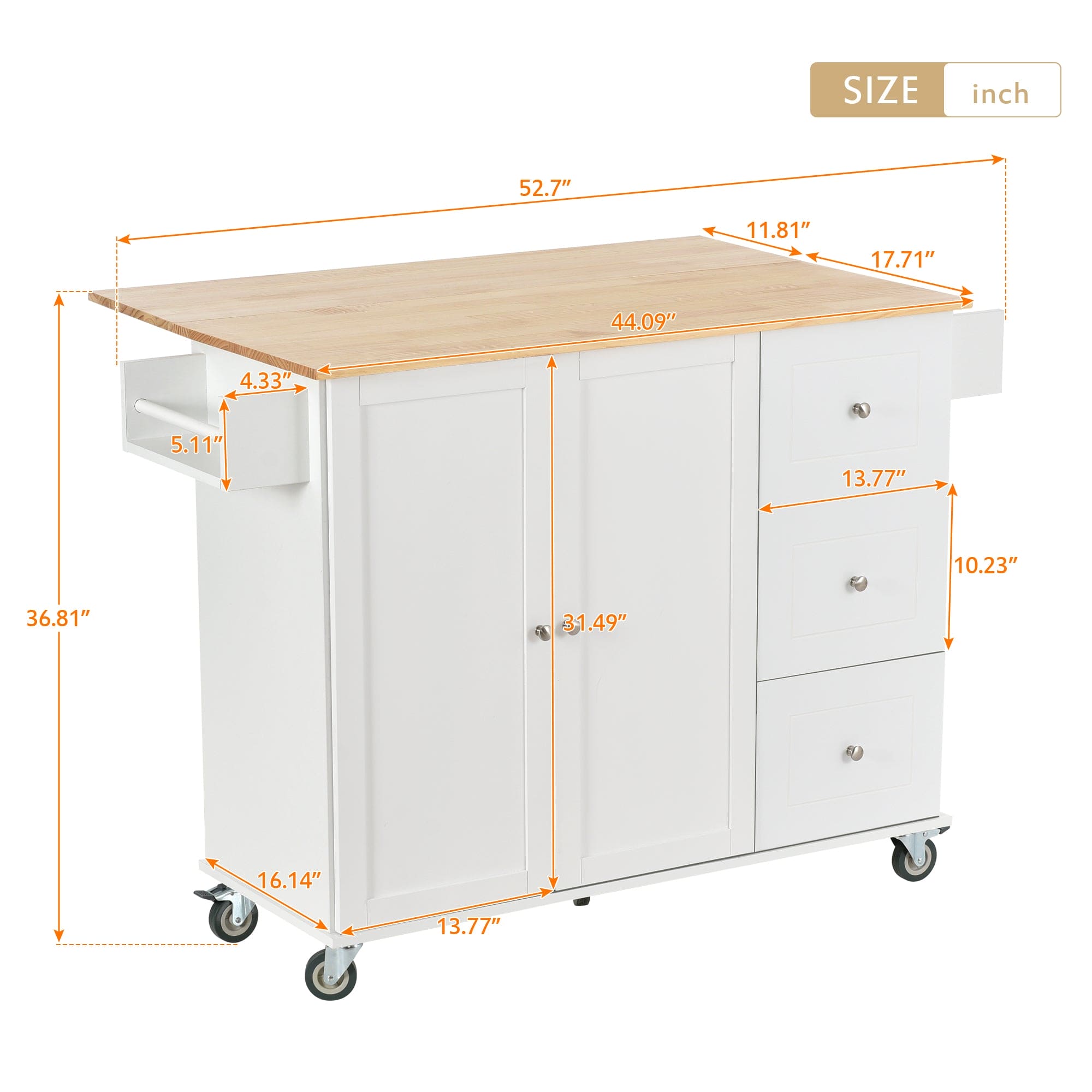 Rolling Mobile Kitchen Island with Solid Wood Top and Locking Wheels,52.7 Inch Width,Storage Cabinet and Drop Leaf Breakfast Bar,Spice Rack, Towel Rack & Drawer (White)