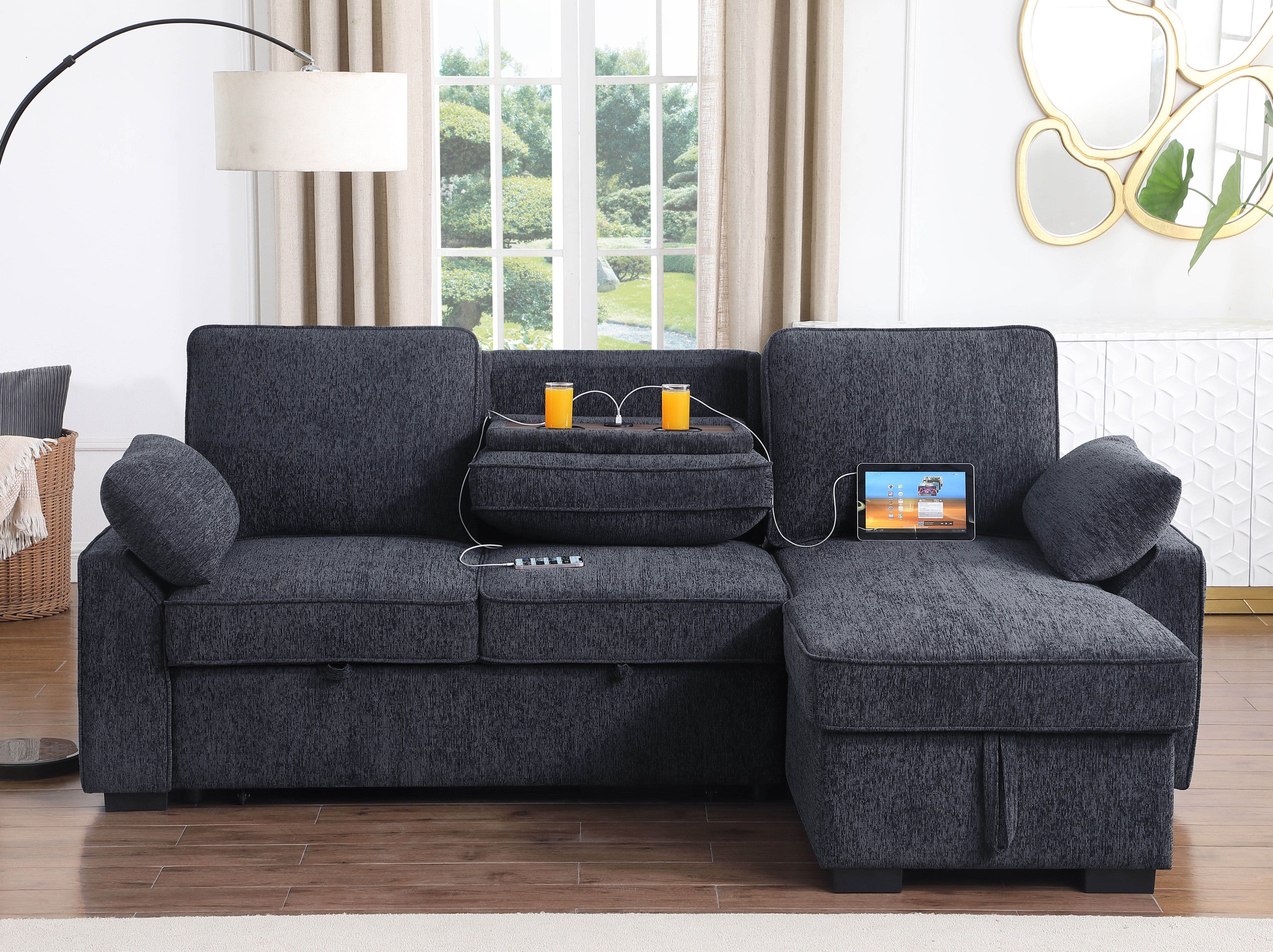 Mackenzie Dark Gray Chenille Fabric Reversible Sleeper Sectional with Storage Chaise, Drop-Down Table, Cup Holders and Charging Ports