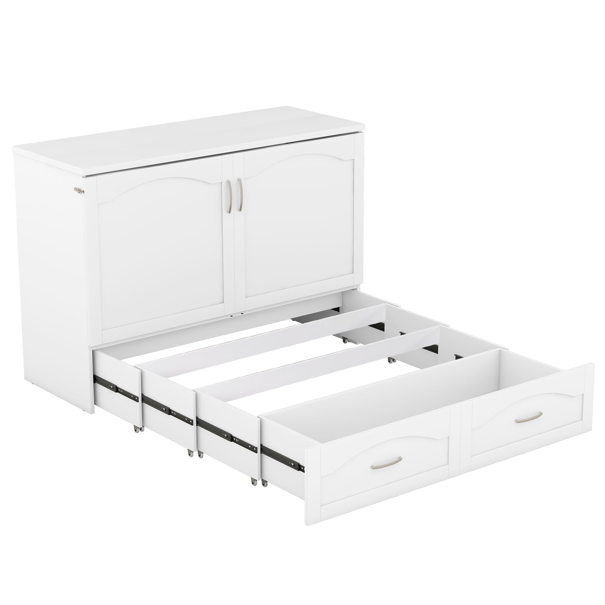 Full Size Murphy Bed Wall Bed with drawer and a set of Sockets & USB Ports, Pulley Structure Design, White