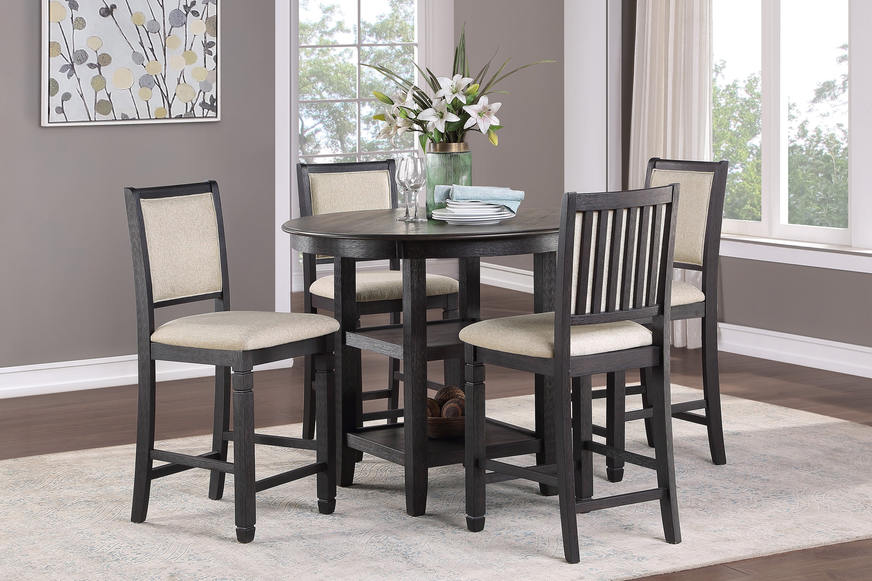 Beautiful Black Finish Wooden Counter Height Chairs 2pcs Set Beige Color Textured Fabric Upholstered Dining Chairs