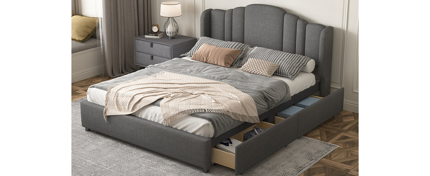 Upholstered Platform Bed with Wingback Headboard and 4 Drawers, No Box Spring Needed, Linen Fabric, Queen Size Gray