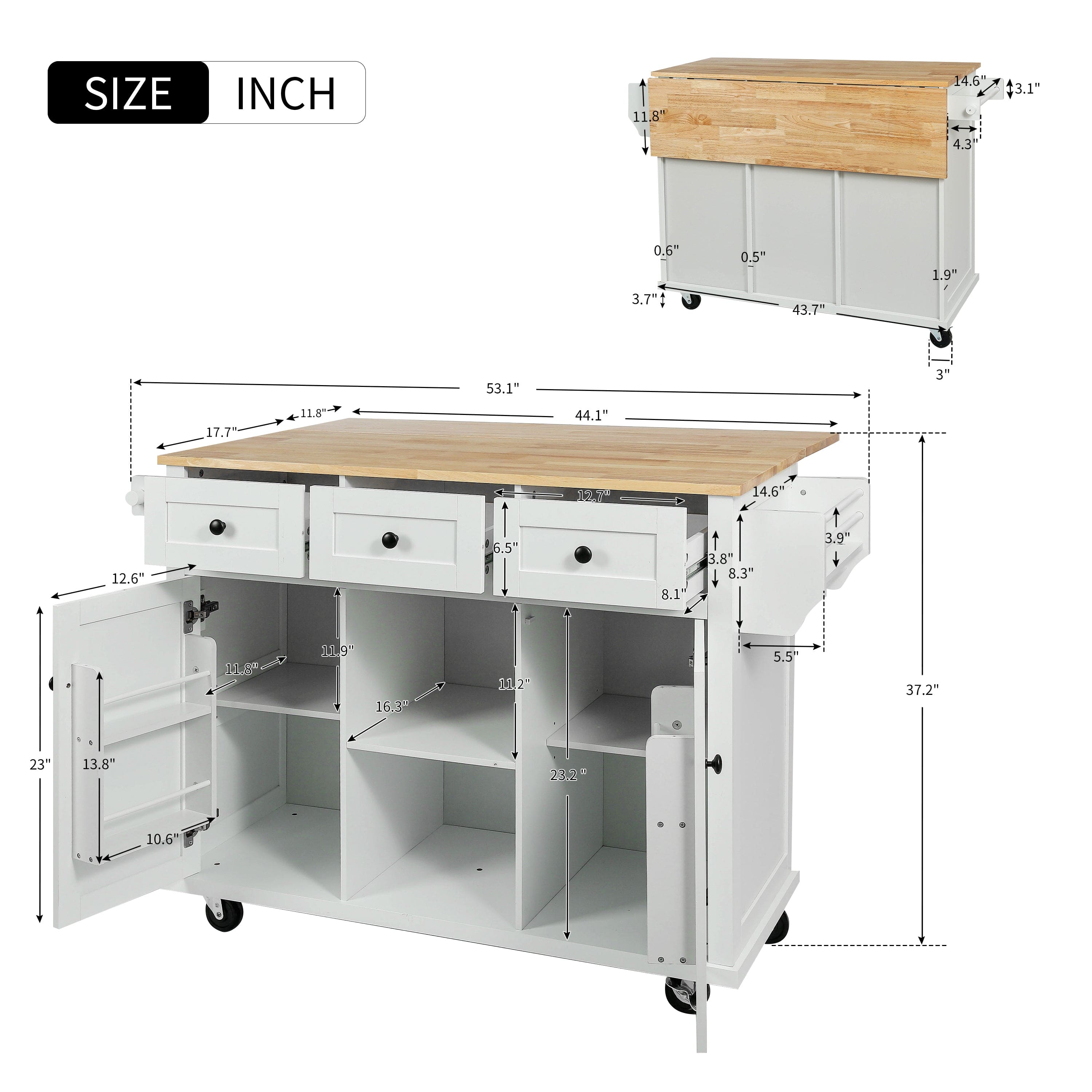 Kitchen Cart with Rubber wood Drop-Leaf Countertop ,Cabinet door internal storage racks,Kitchen Island on 5 Wheels with Storage Cabinet and 3 Drawers for Dinning Room,White