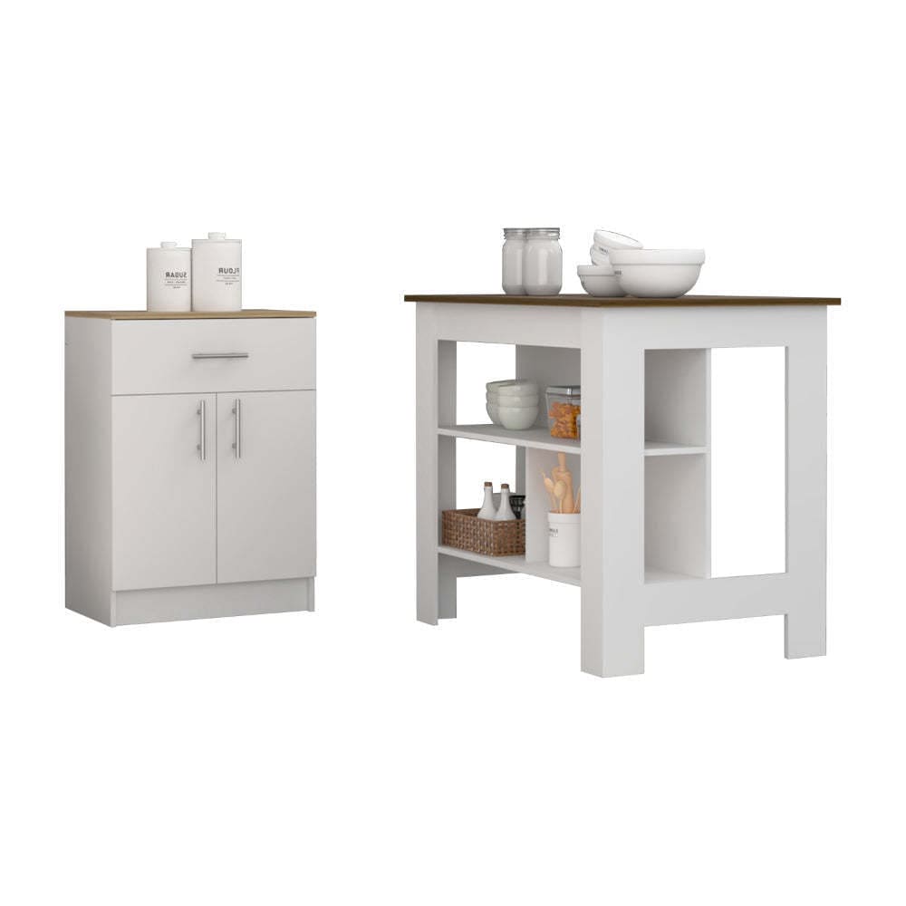 California 2 Piece Kitchen Set, Delos Kitchen Island + Barbados Pantry Cabinet , White /Walnut /Light Oak