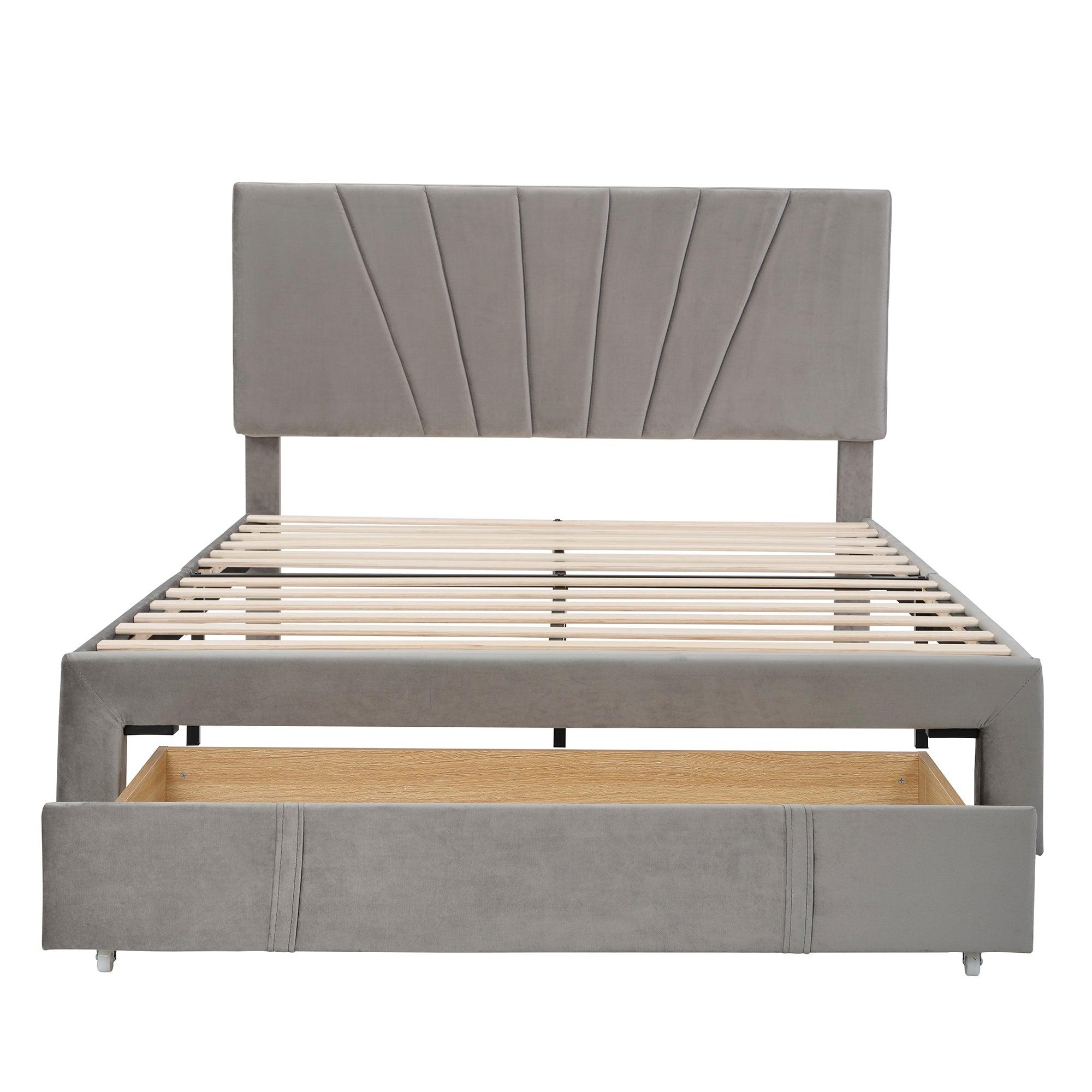 Queen Size Storage Bed Velvet Upholstered Platform Bed with a Big Drawer - Gray