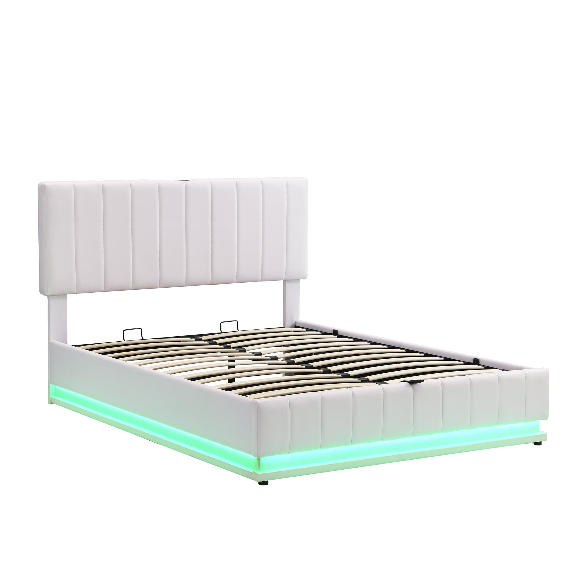 Full Size Upholstered Bed with Hydraulic Storage System and LED Light, Modern Platform Bed with Sockets and USB Ports, White