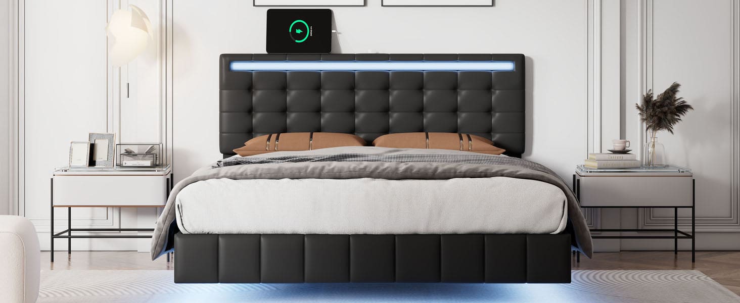 Full Size Floating Bed Frame with LED Lights and USB Charging,Modern Upholstered Platform LED Bed Frame,Black(Full)