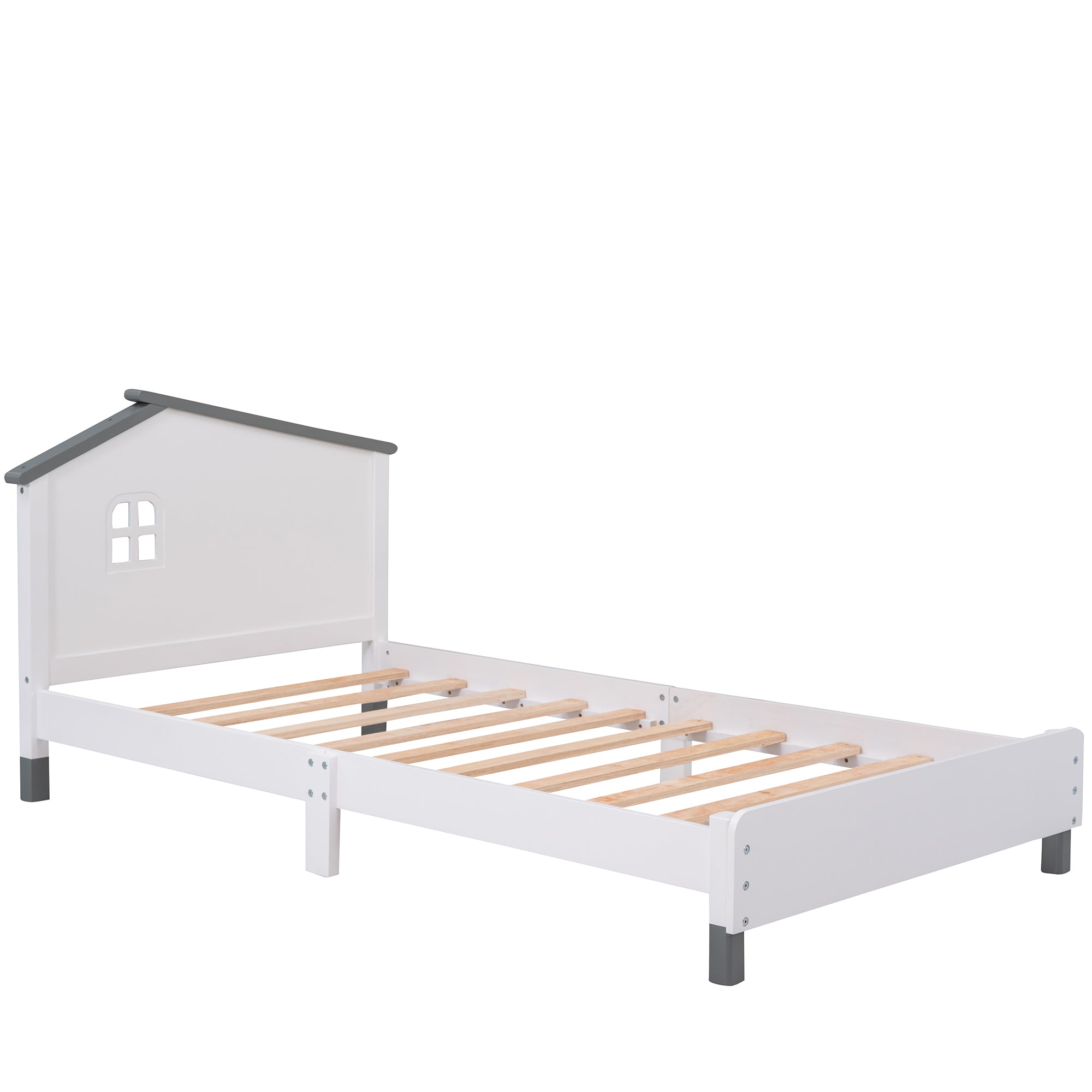 Twin Size Wood Platform Bed with House-shaped Headboard  (White+Gray)