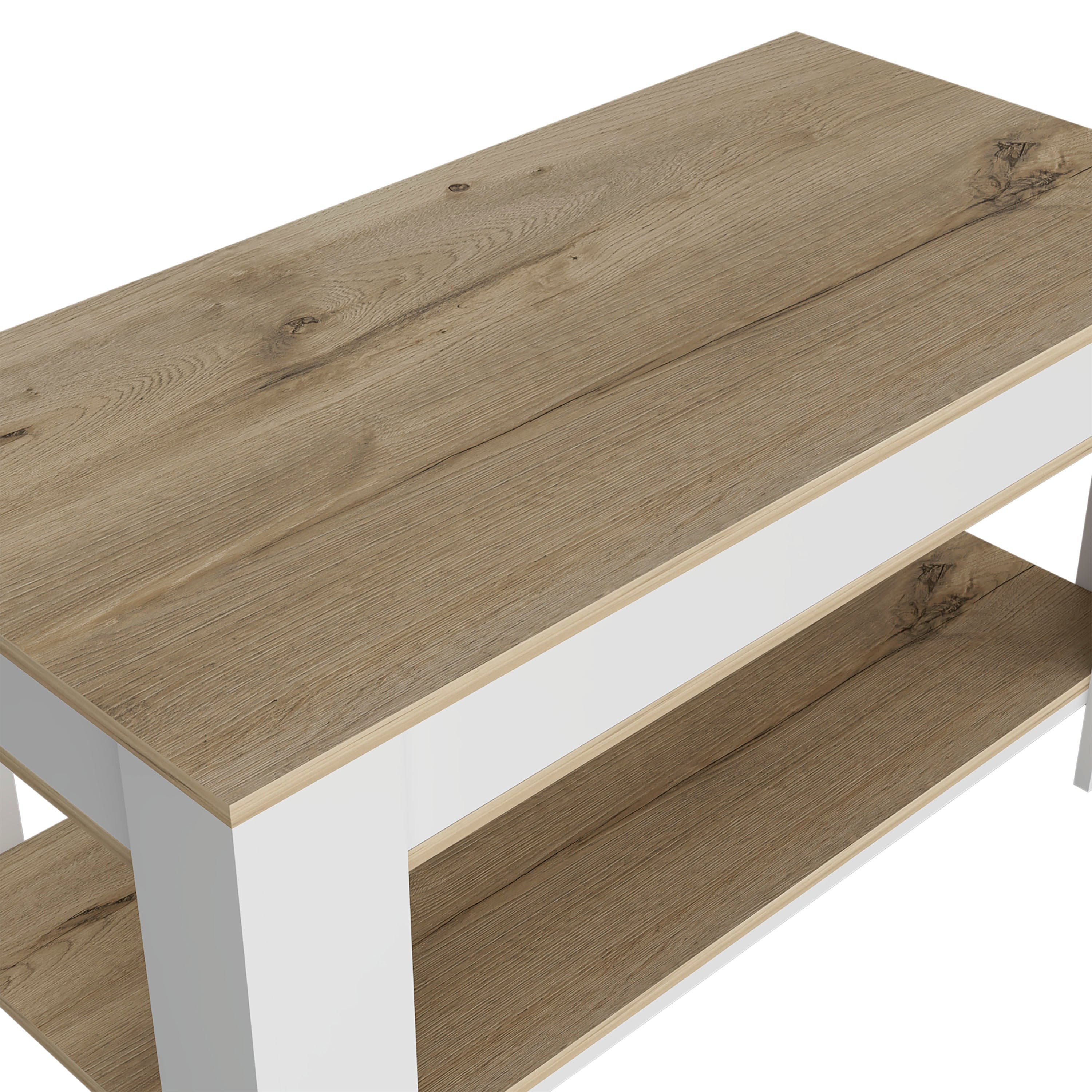 Storage Table Polgon, Extendable Table Shelf, Lower Shelf, Light Oak / White Finish