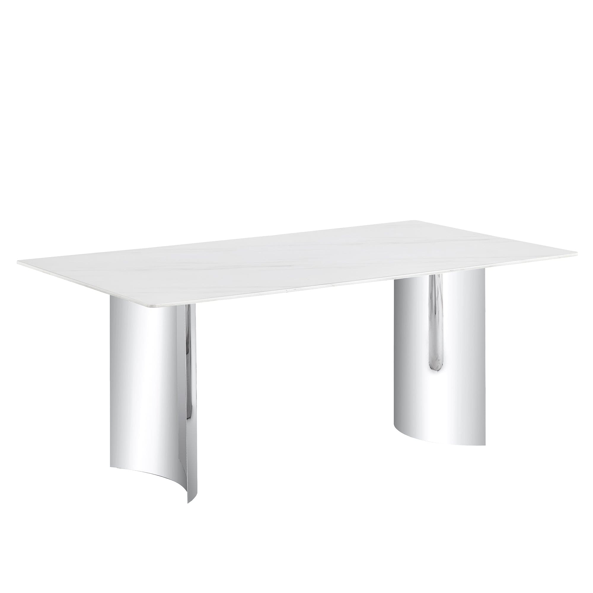 Modern minimalist dining table. The white imitation marble glass desktop is equipped with silver metal legs. Suitable for restaurants and living rooms  71" *39.3" *29.5"  DT-69