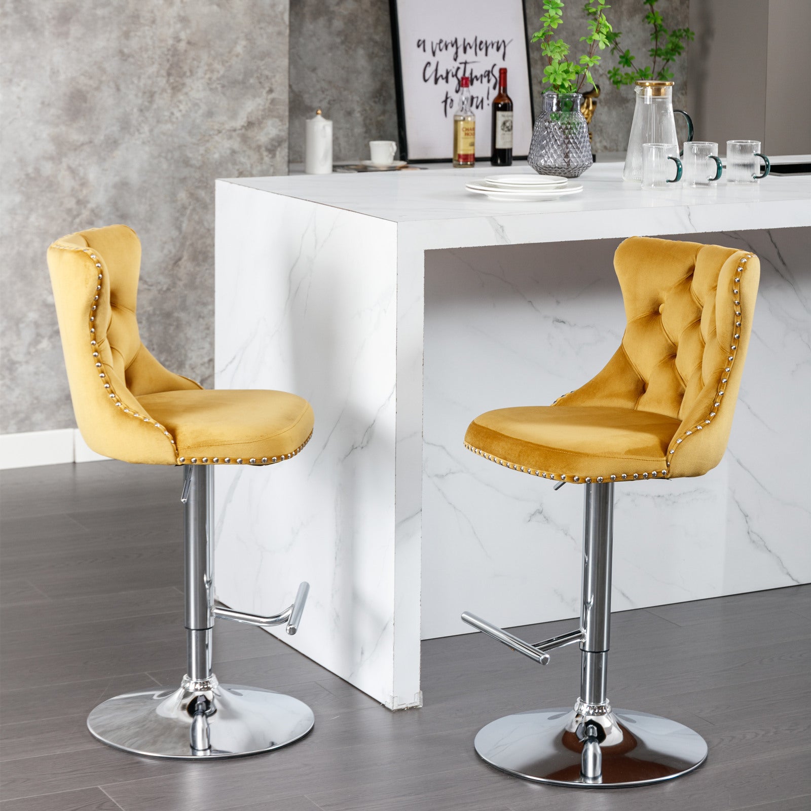 A&A Furniture,Swivel Velvet Barstools Gold,Set of 2