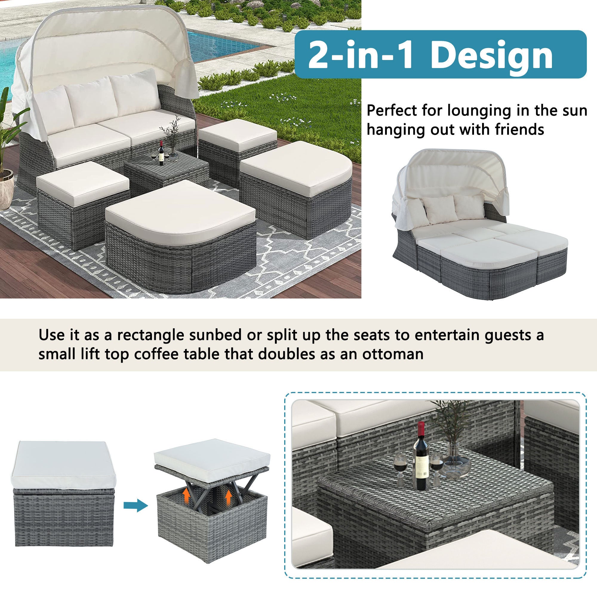 U_STYLE Outdoor Patio Furniture Set Daybed Sunbed with Retractable Canopy Conversation Set Wicker Furniture (As same as WY000281AAE)