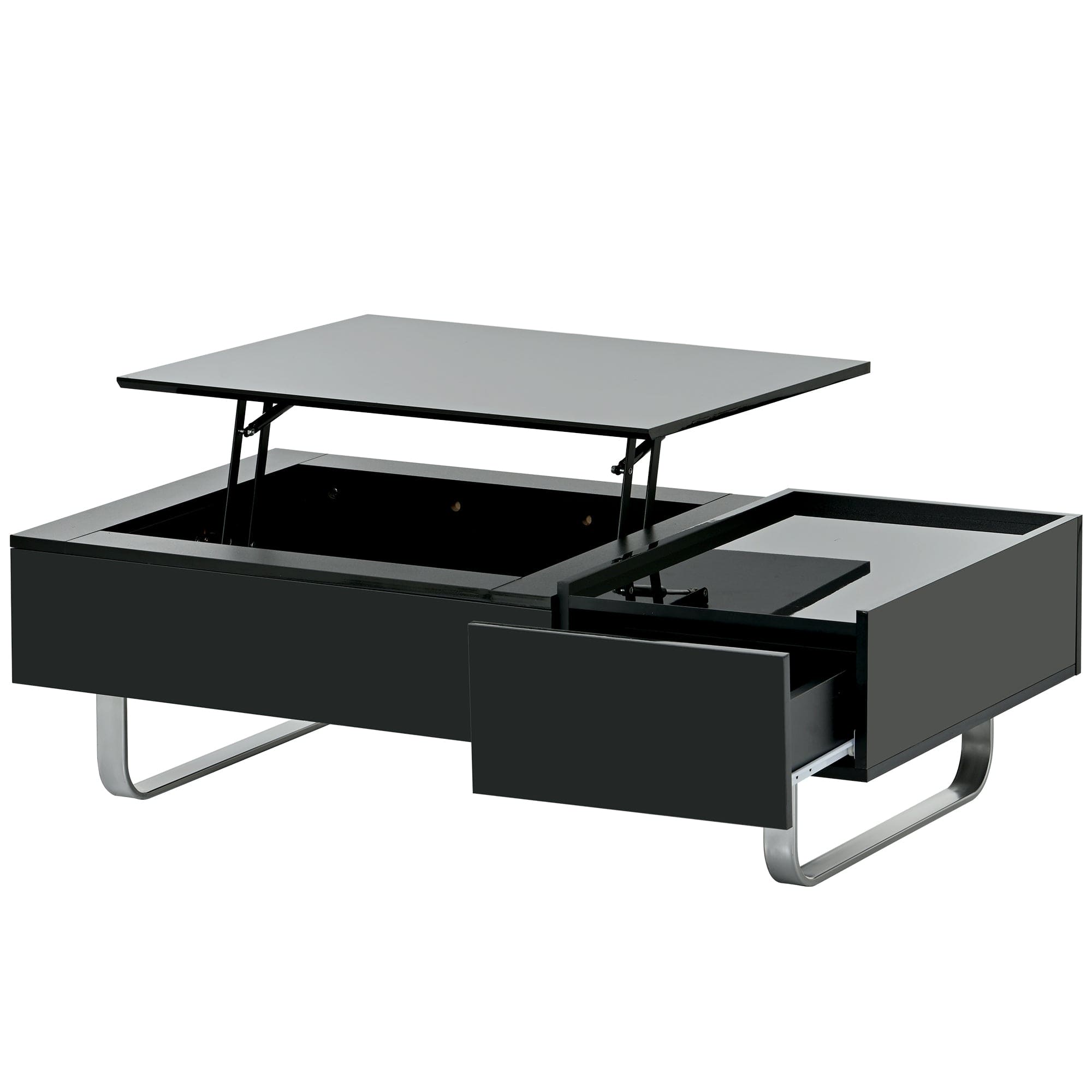 ON-TREND Multi-functional Coffee Table with Lifted Tabletop, Contemporary Cocktail Table with Metal Frame Legs, High-gloss Surface Dining Table for Living Room, Black