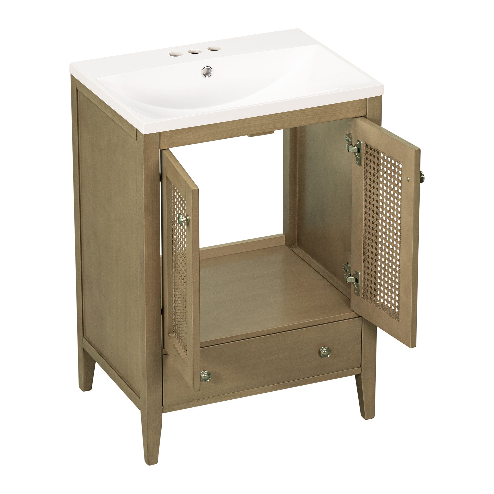 24" Bathroom Vanity with Ceramic Basin, Rattan Bathroom Storage Cabinet with Two Doors and Drawer, Solid Frame, Natural (OLD SKU: JL000008AAD)