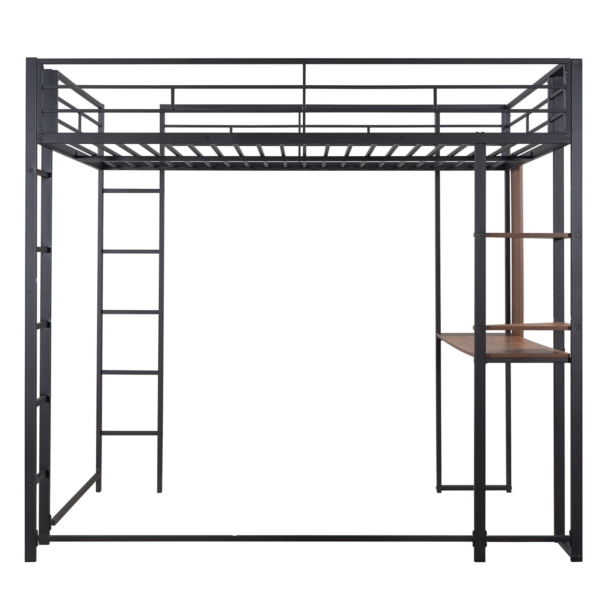 Full Size Metal Loft Bed with 2 Shelves and one Desk ,Black (Old SKU: LP000191AAB )