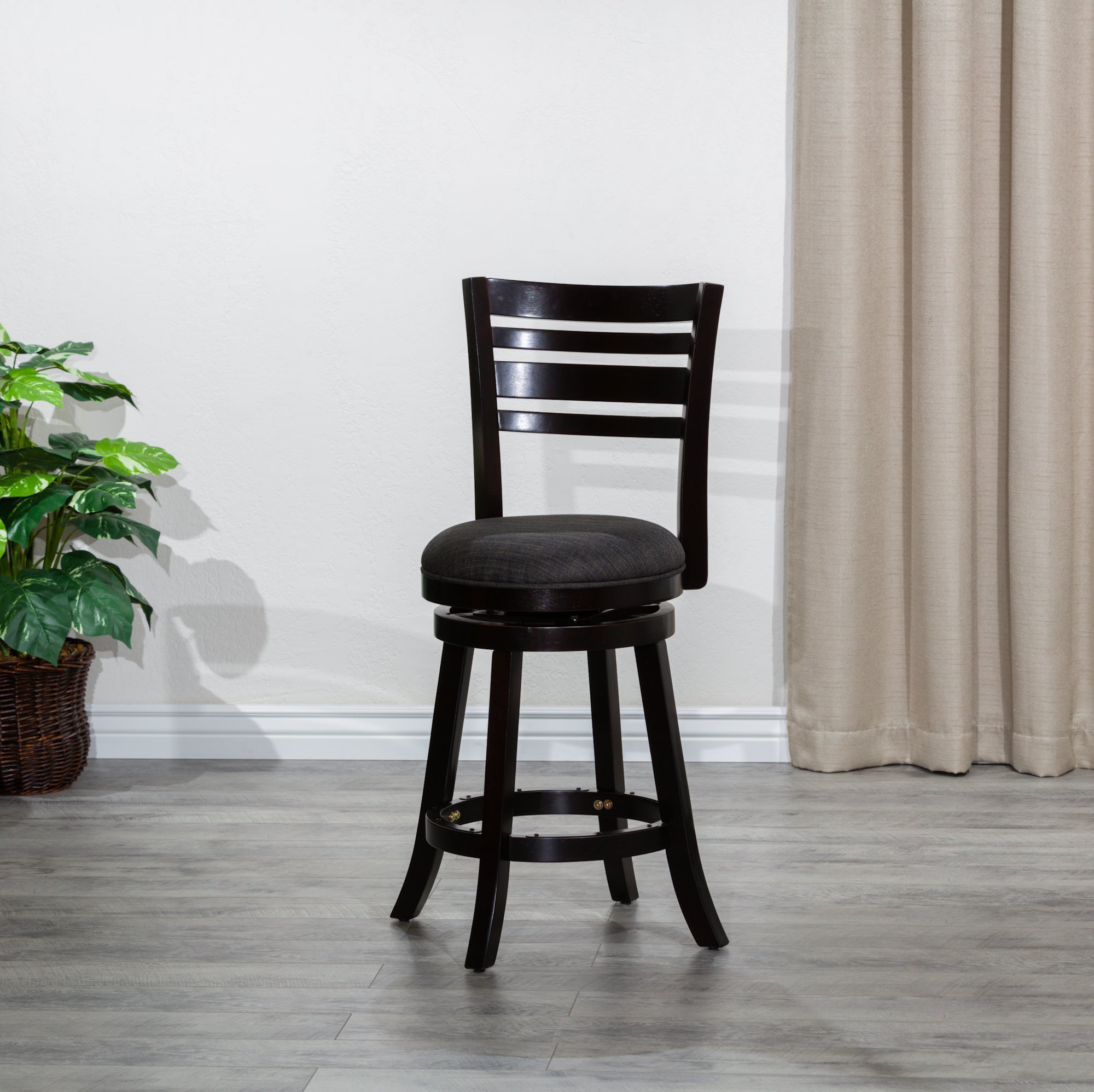 24" Counter Height Slat Back Swivel Stool, Espresso Finish, Charcoal Fabric Seat