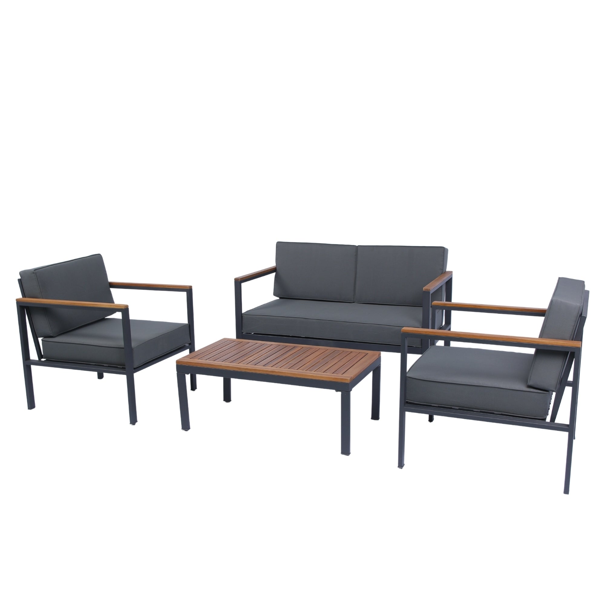 4 Piece Outdoor Sofa Set with Acacia Wood Top, Padded Patio Conversation Table Chair Set w/Coffee Table for Garden, Backyard, Poolside Dark Grey Cushion