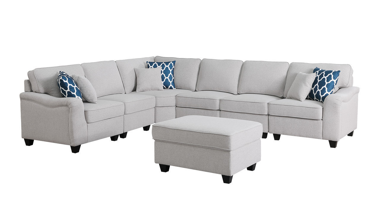 Leo Light Gray Linen 7Pc Modular L-Shape Sectional Sofa and Ottoman