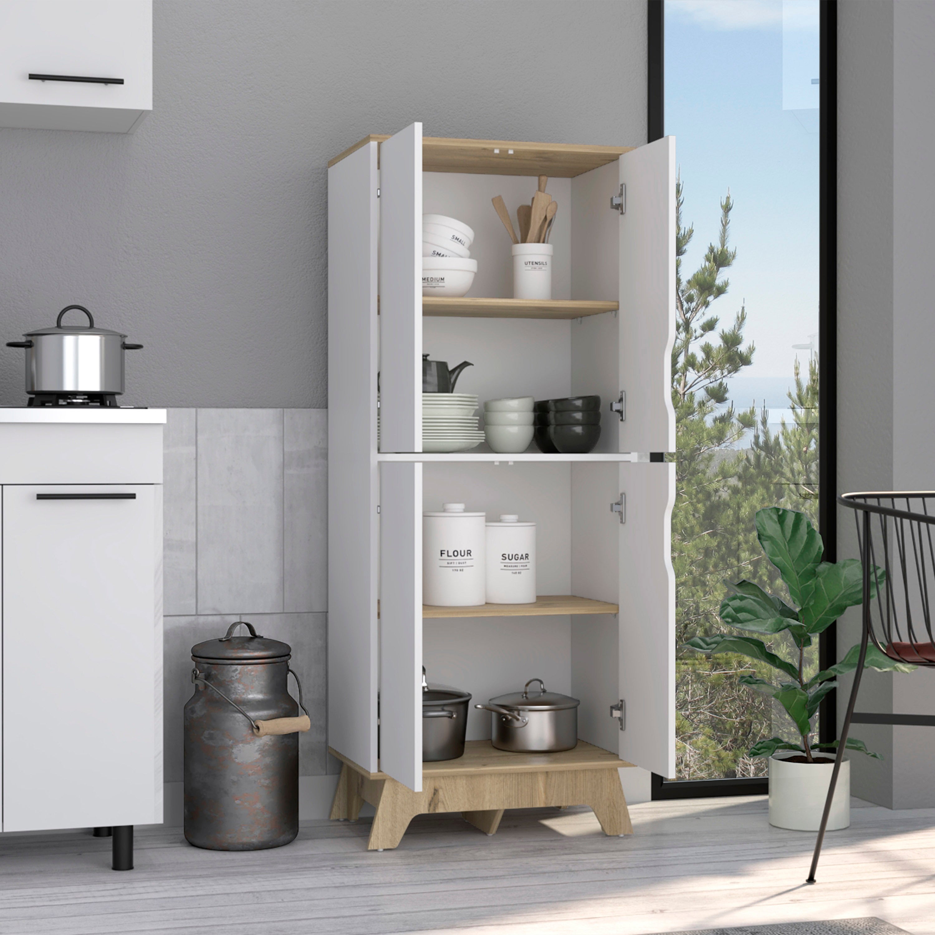 Double Kitchen Pantry Wallas, Double Door, Four Legs, Four Shelves, Light Oak / White Finish