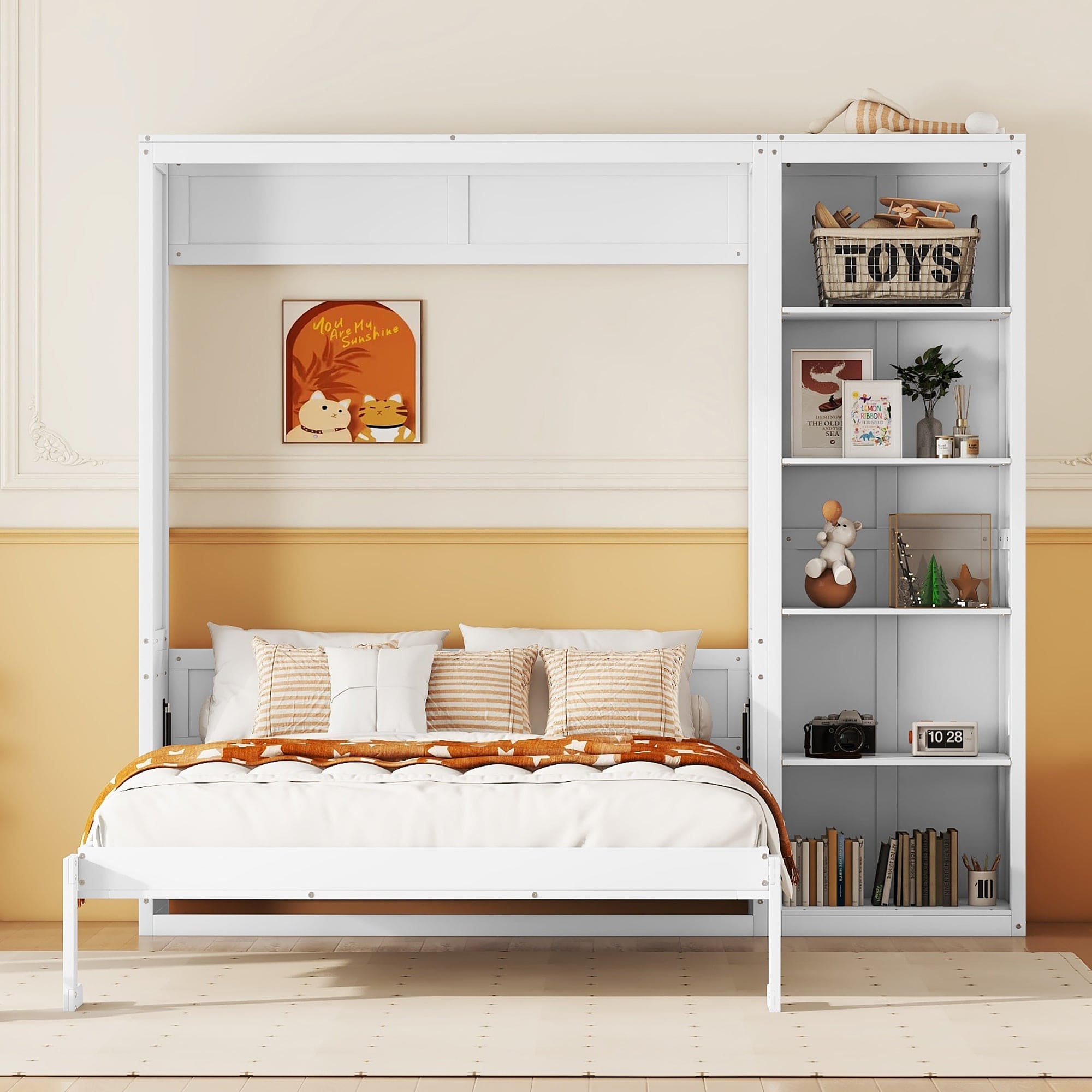 Full Size Murphy Bed Wall Bed with Shelves,White