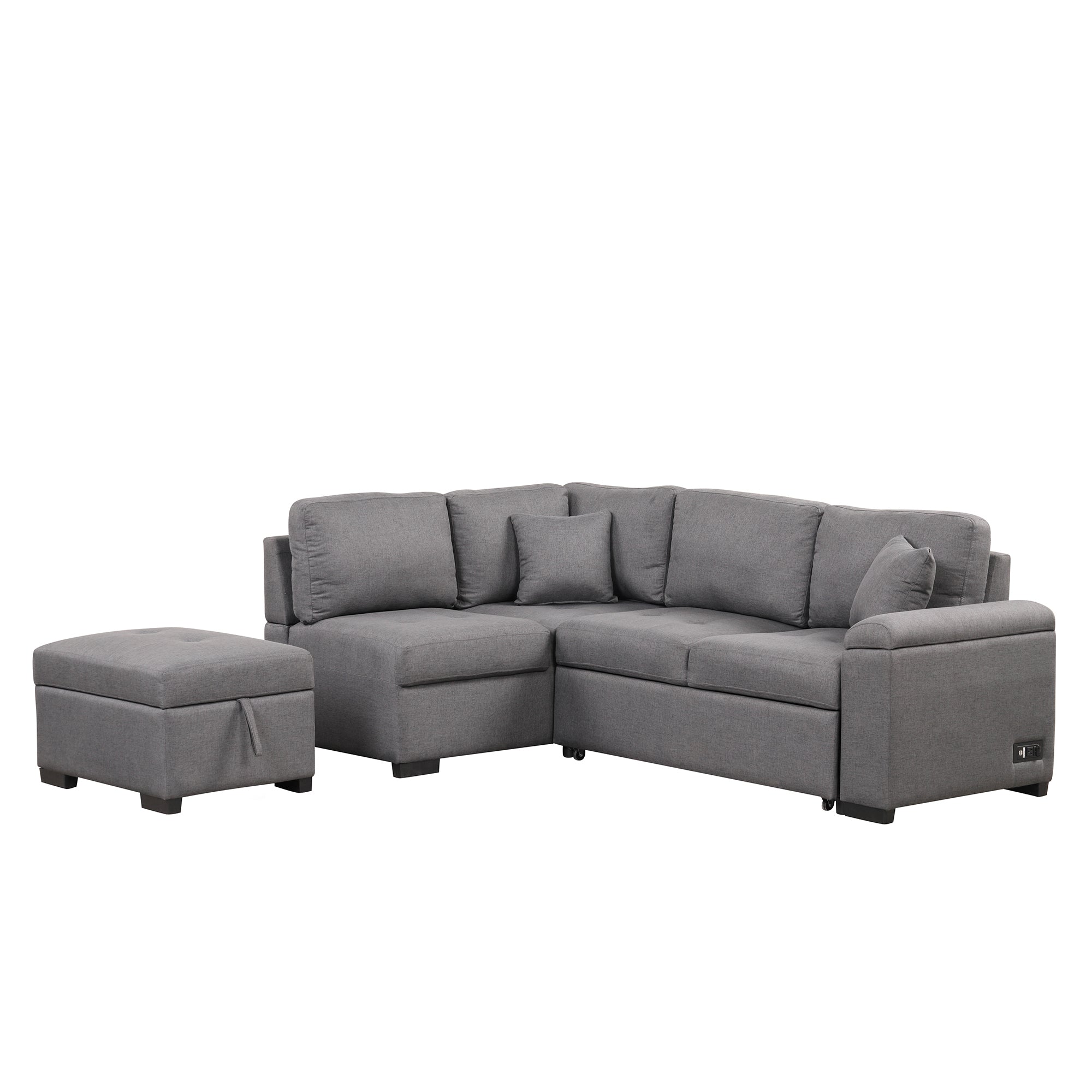 Sleeper Sectional Sofa, L-Shape Corner Couch Sofa-Bed with Storage Ottoman & Hidden Arm Storage & USB Charge  for Living Room Apartment, Dark Gray