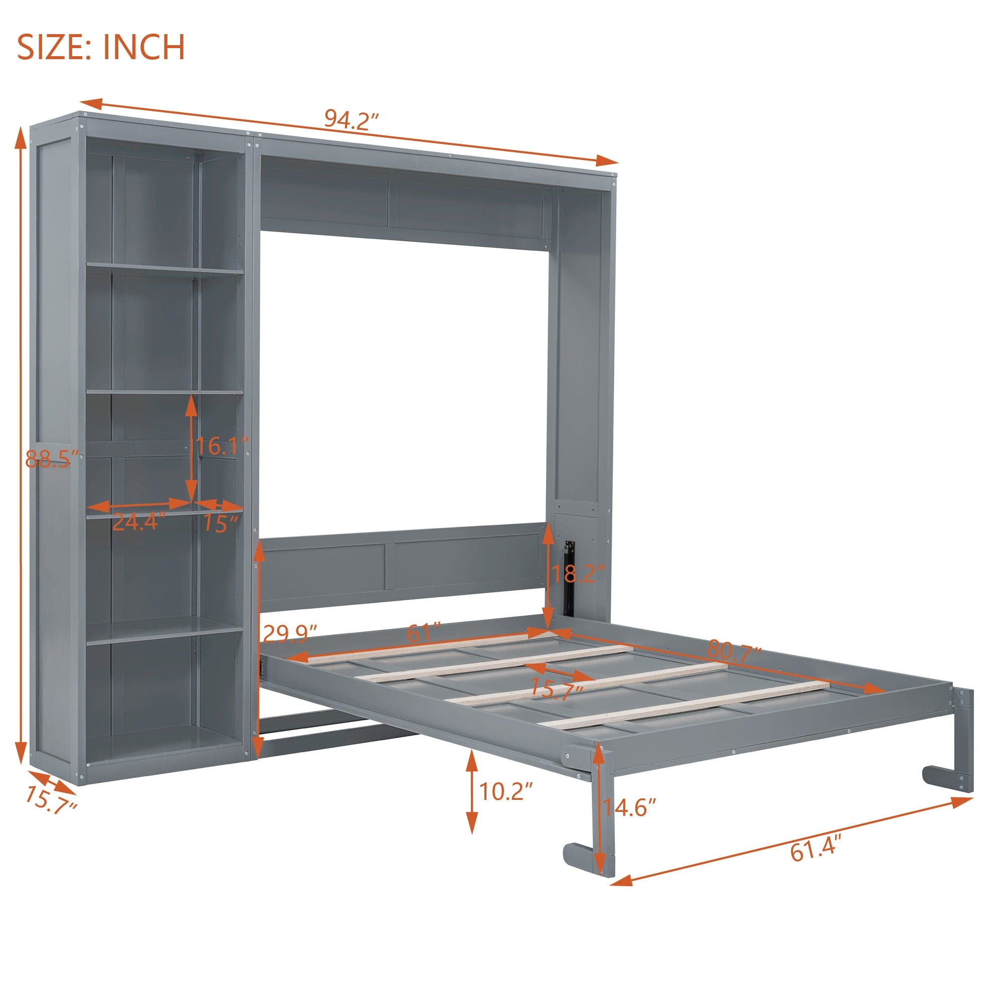 Queen Size Murphy Bed Wall Bed with Shelves,Gray