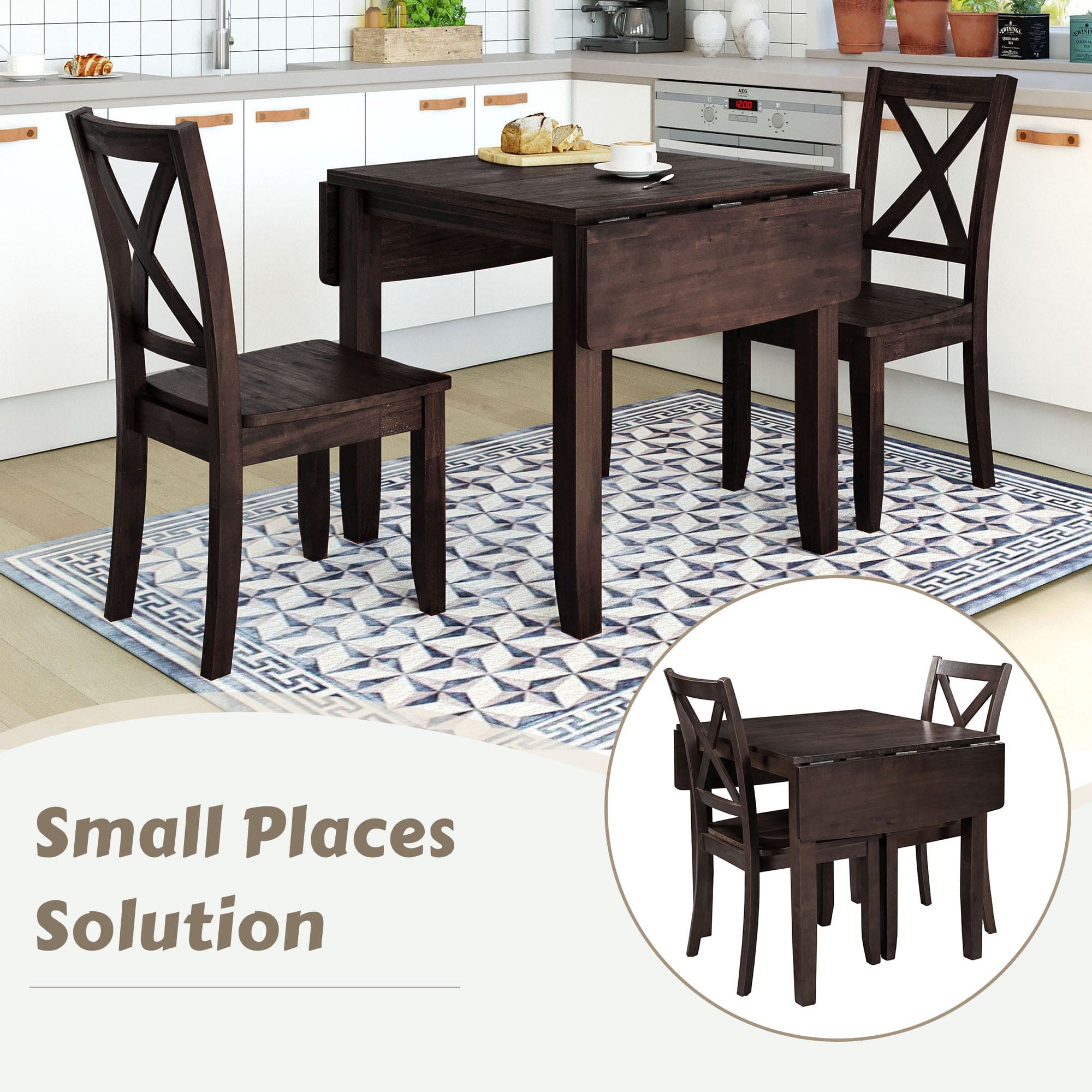 TOPMAX 3-Piece Wood Drop Leaf Breakfast Nook Dining Table Set with 2 X-back Chairs for Small Places, Espresso