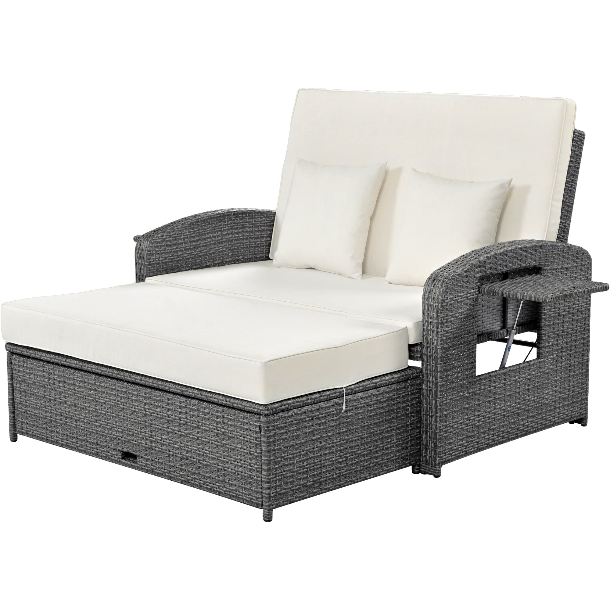 TOPMAX PE Wicker Rattan Double Chaise Lounge, 2-Person Reclining Daybed with Adjustable Back and Cushions, Free Furniture Protection Cover, White