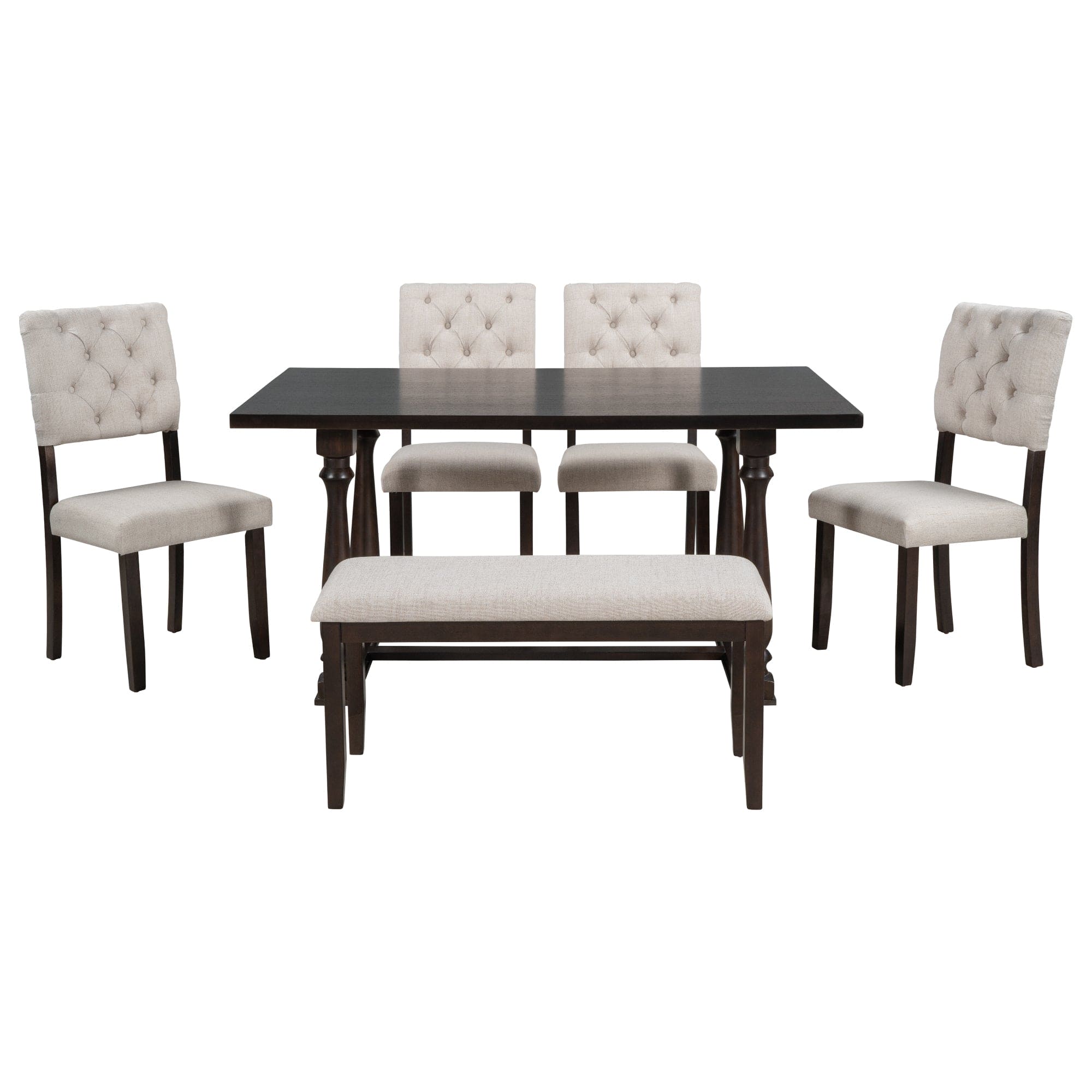 TREXM 6-Piece Dining Table and Chair Set with Special-shaped Legs and Foam-covered Seat Backs&Cushions for Dining Room (Espresso)