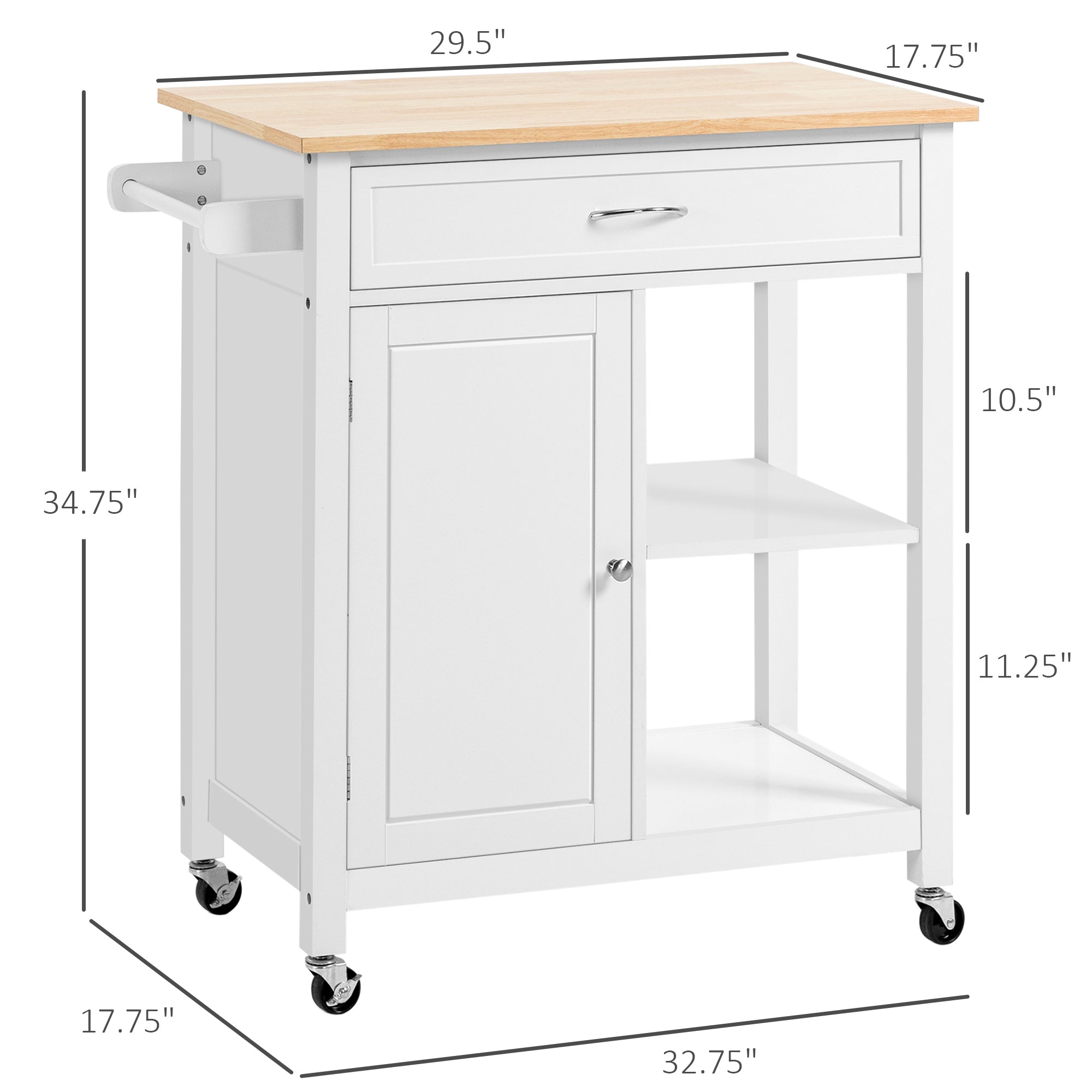 HOMCOM Kitchen Island Cart, Rolling Kitchen Island with Storage, Solid Wood Top, Drawer, for Dining Room, White